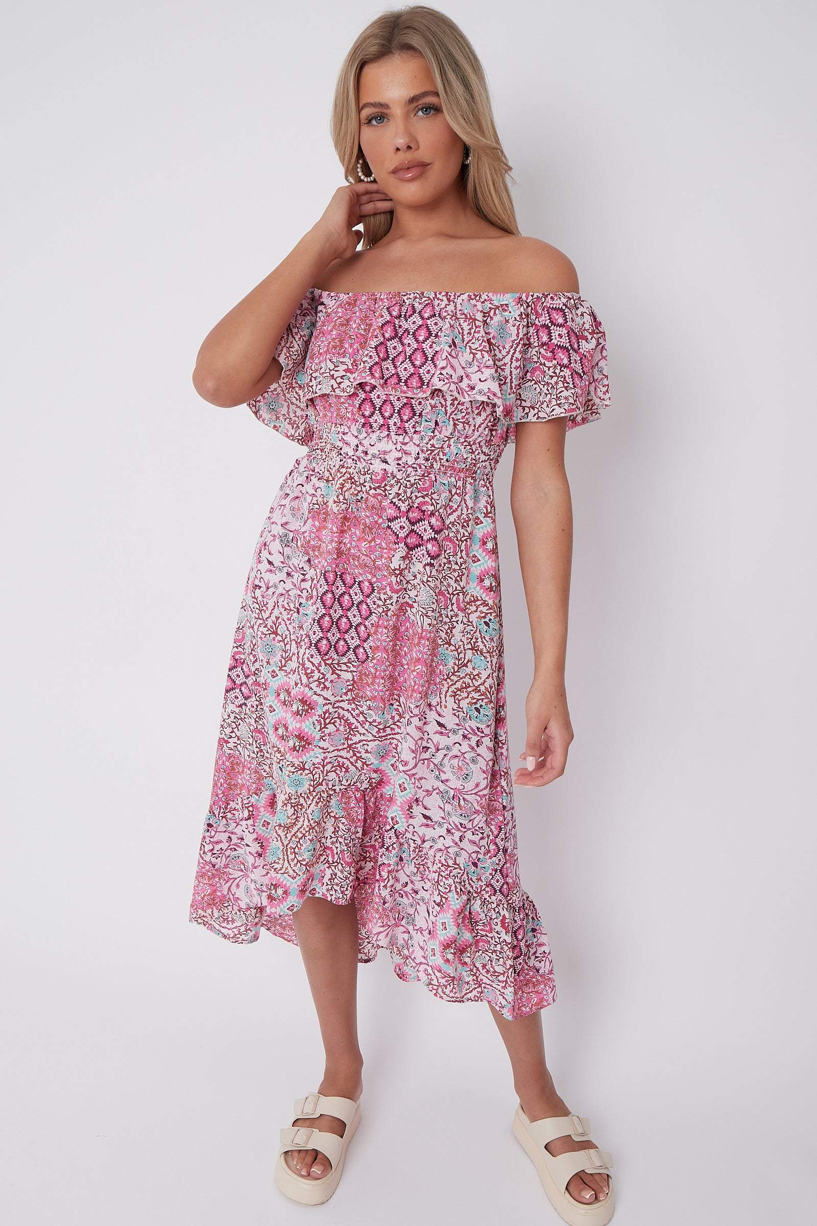 Pink Floral Patch Print Bardot Midi Dress