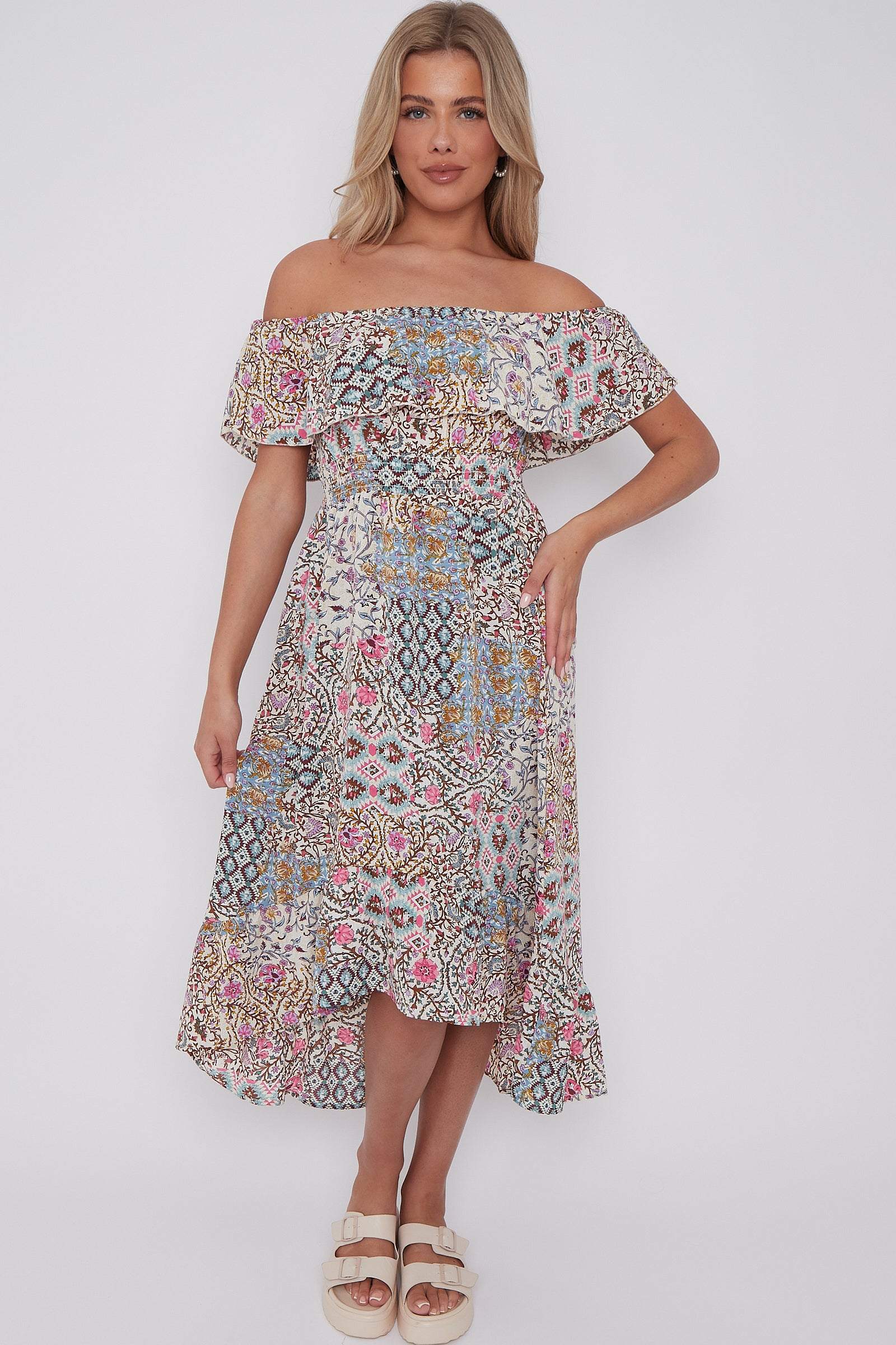 Cream Floral Patch Print Bardot Midi Dress