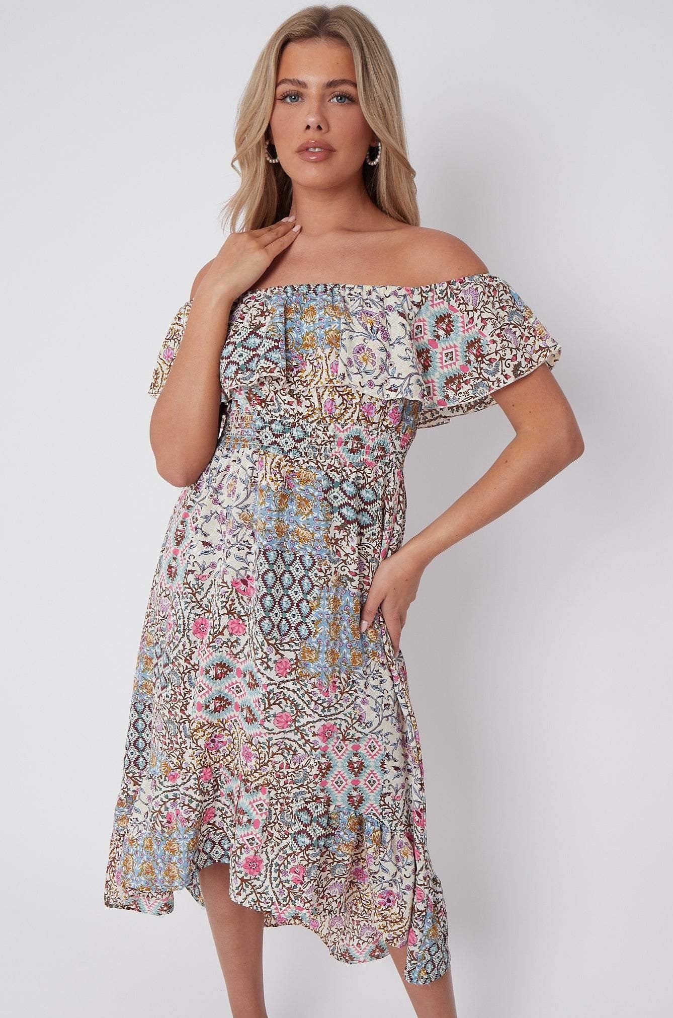 Cream Floral Patch Print Bardot Midi Dress