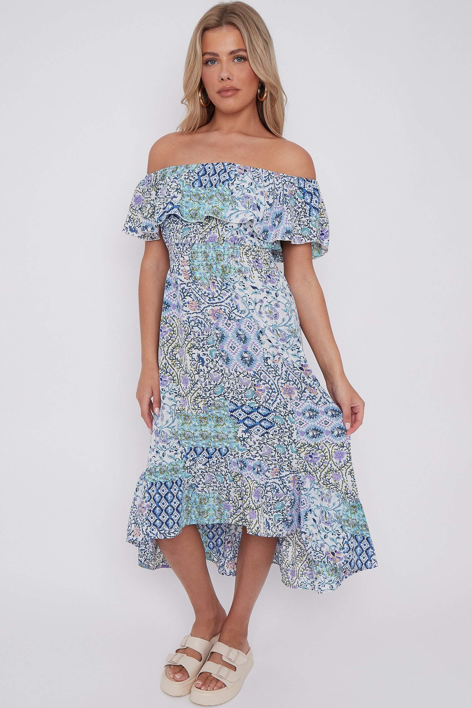 Blue Floral Patch Print Bardot Midi Dress