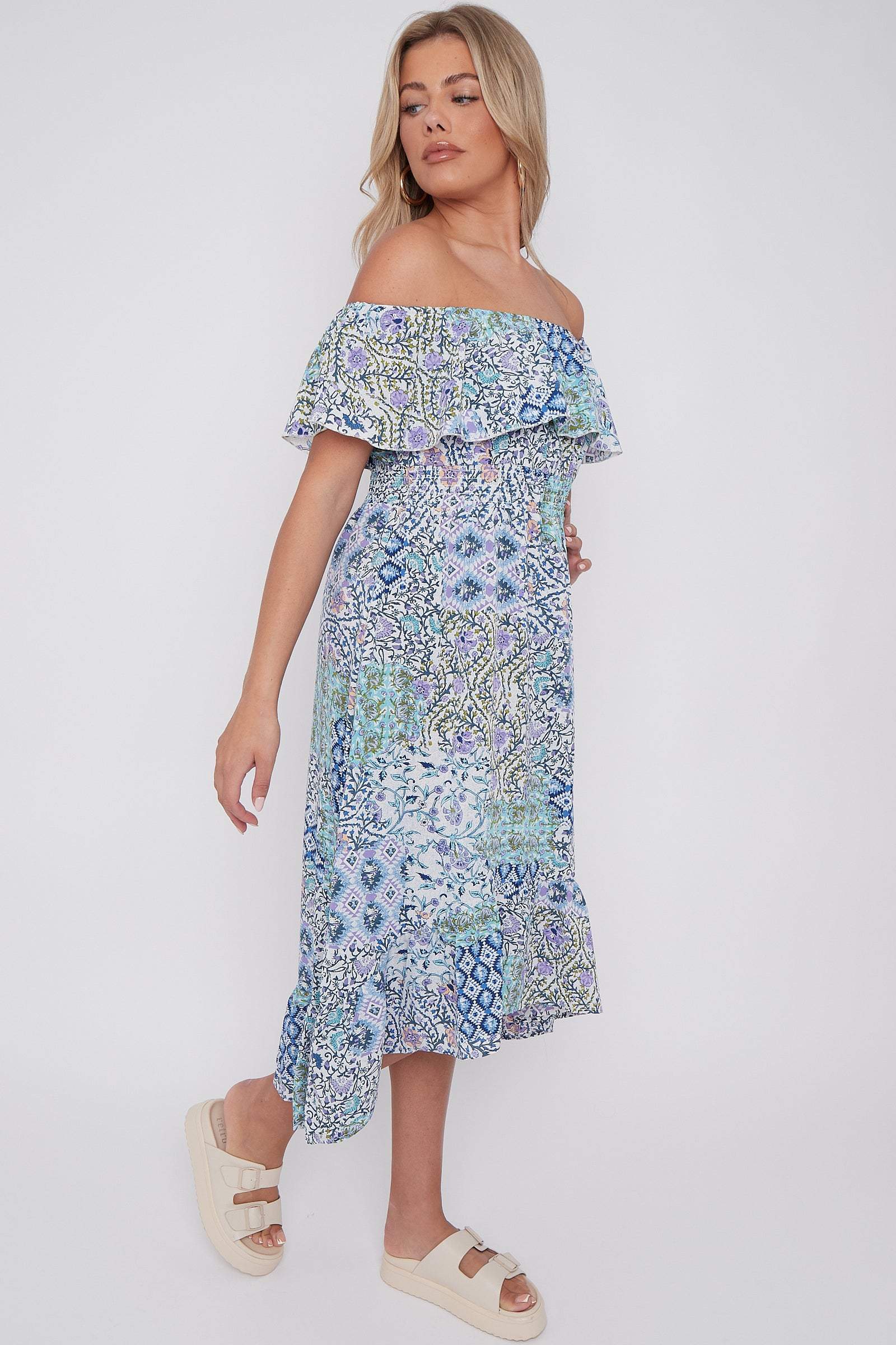 Blue Floral Patch Print Bardot Midi Dress