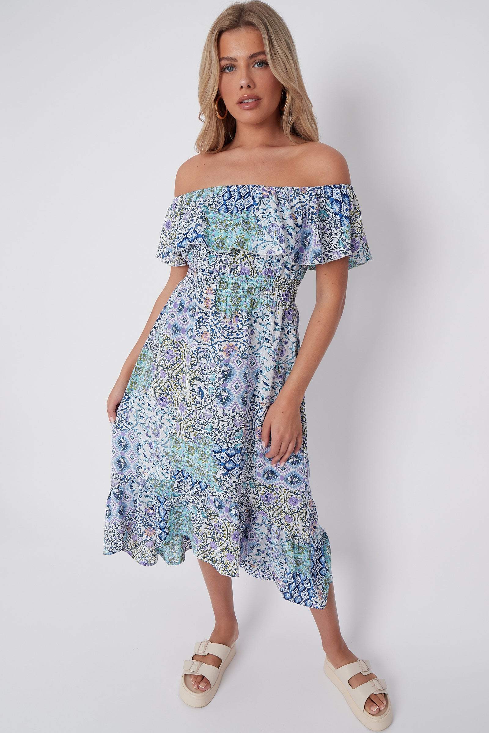 Blue Floral Patch Print Bardot Midi Dress