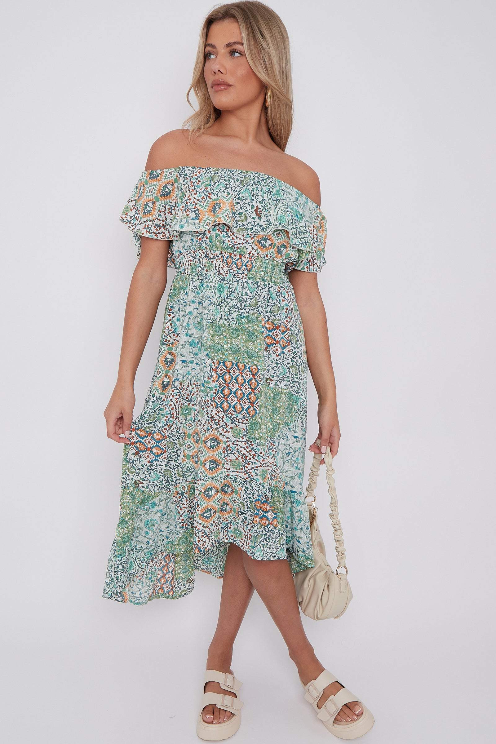 Green Floral Patch Print Bardot Midi Dress