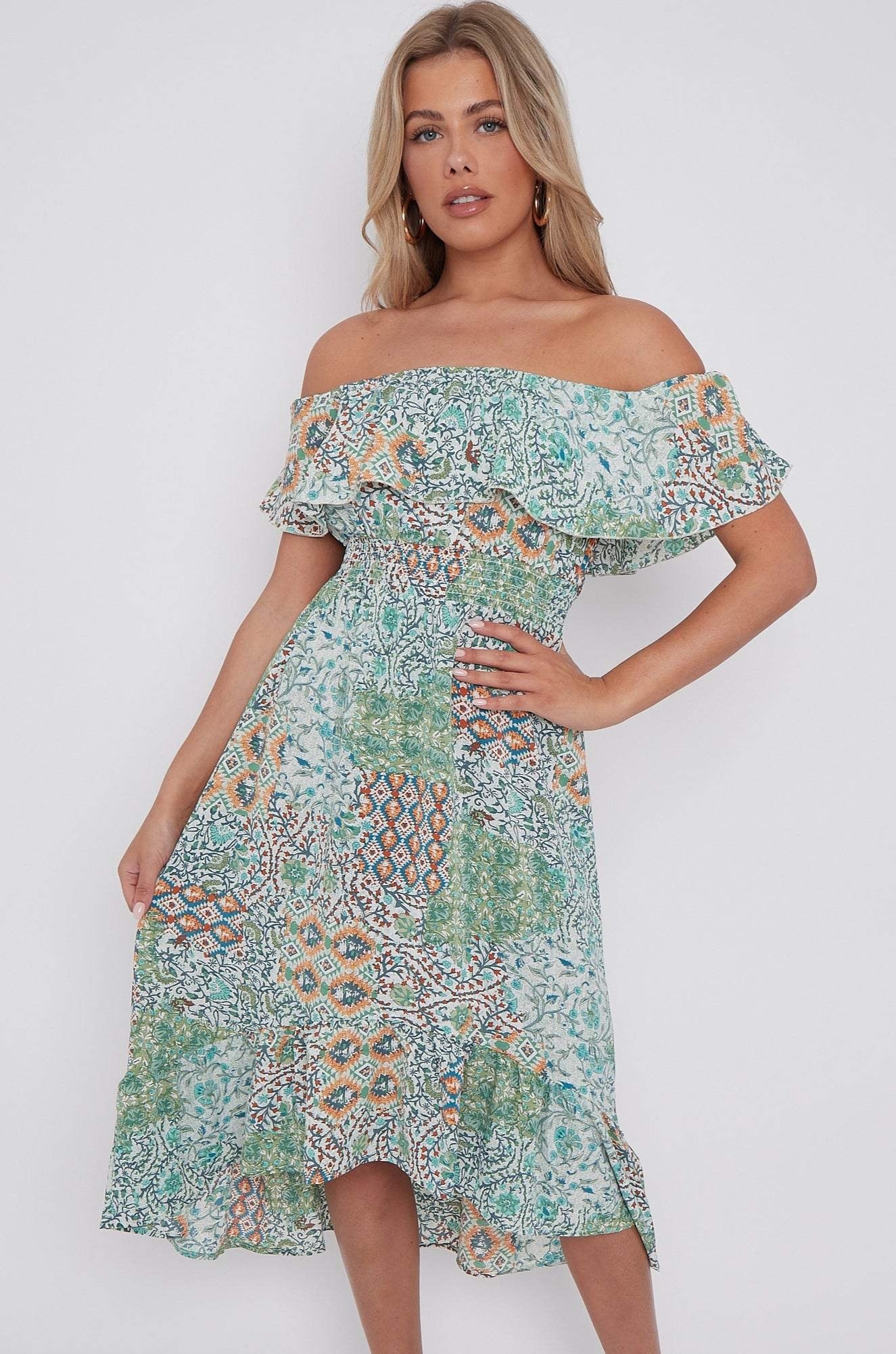 Green Floral Patch Print Bardot Midi Dress