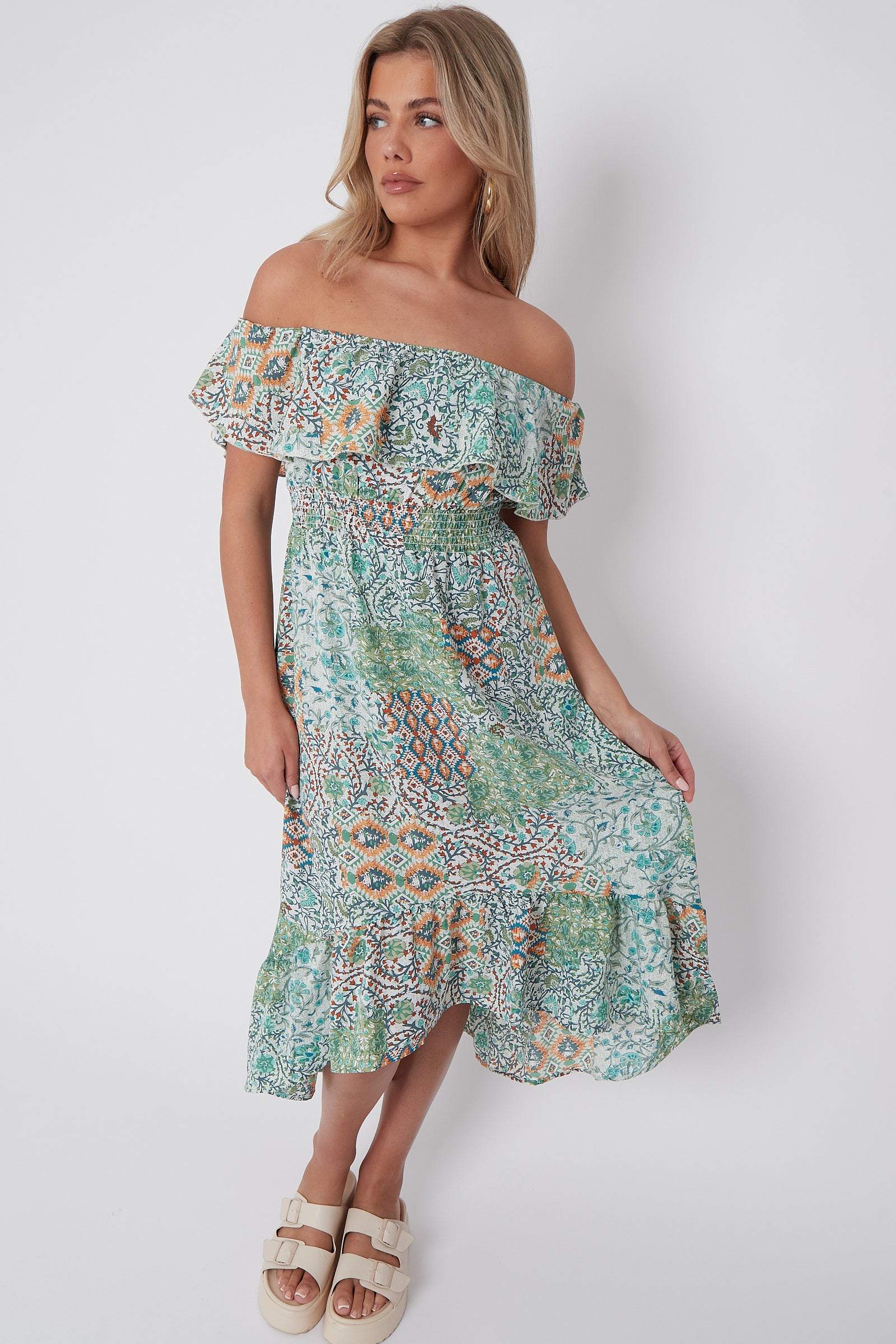 Green Floral Patch Print Bardot Midi Dress