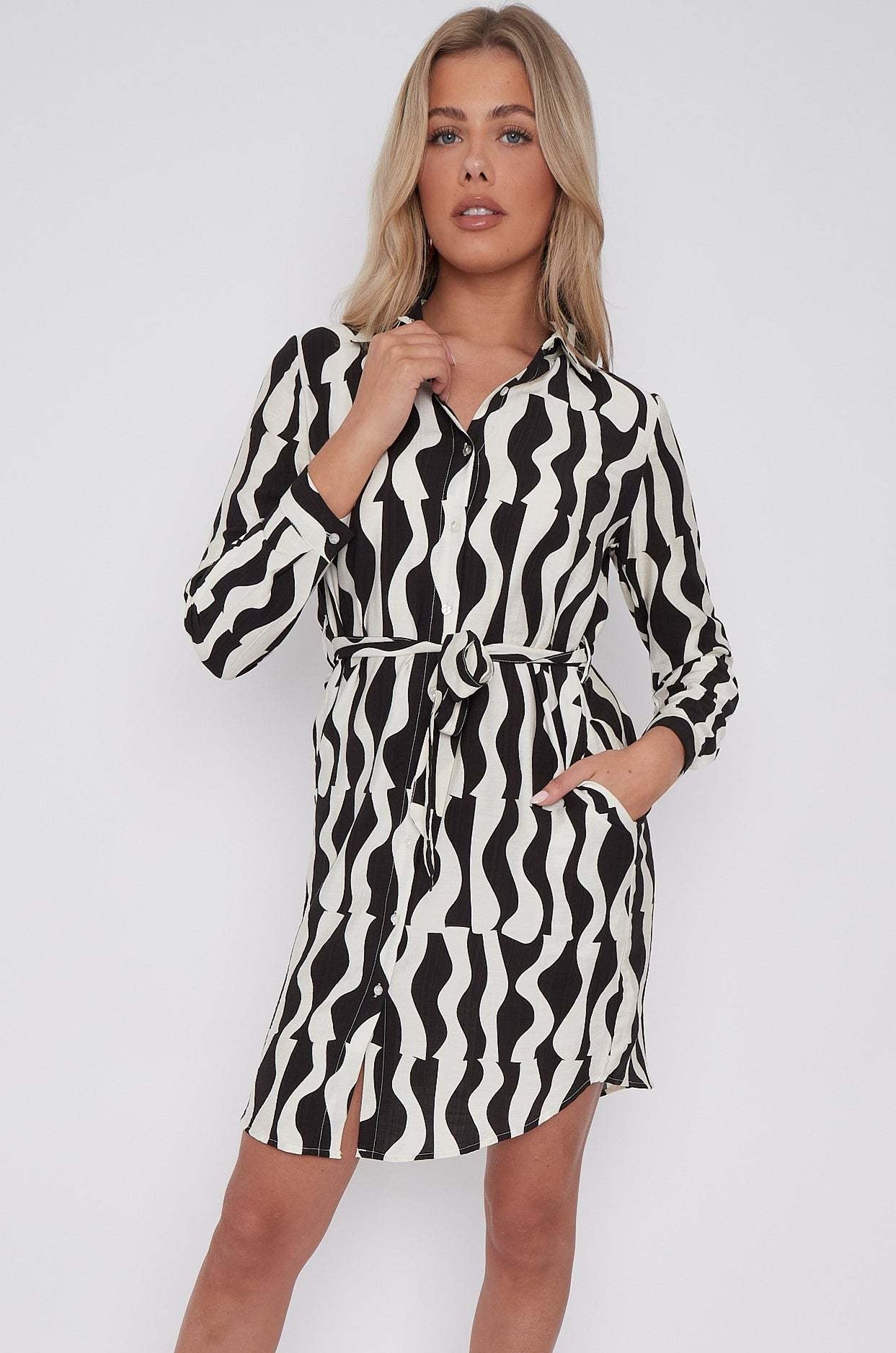 Black Geo Pattern Print Mini Shirt Dress