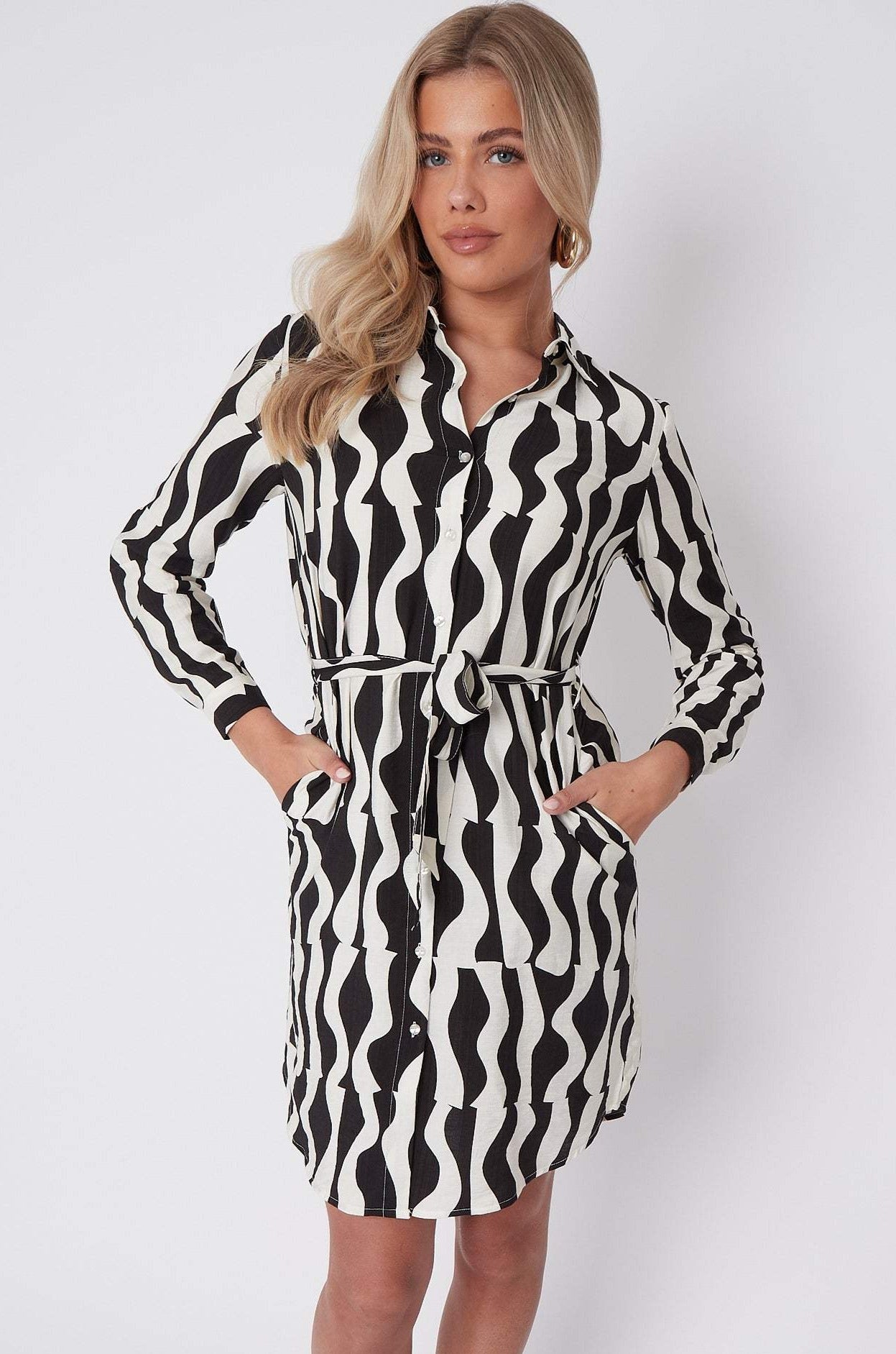 Black Geo Pattern Print Mini Shirt Dress