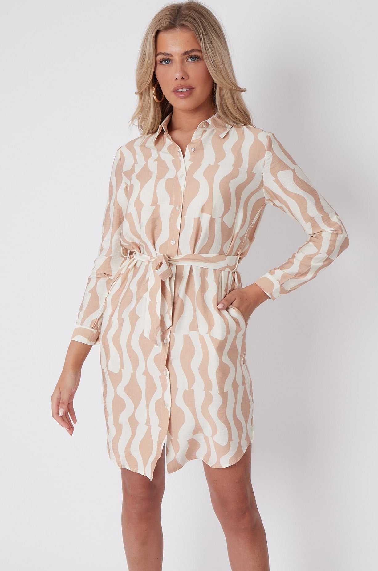 Beige Geo Pattern Print Mini Shirt Dress