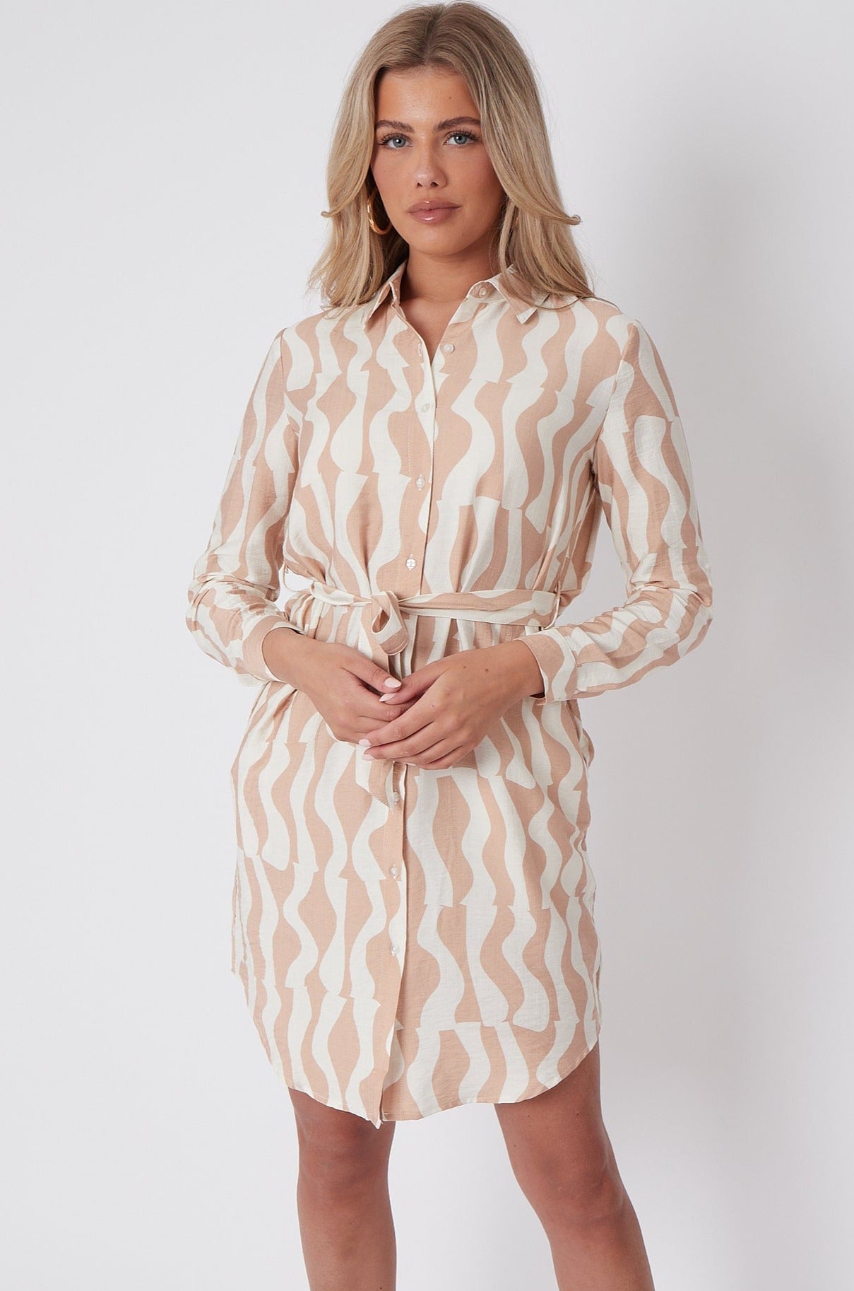 Beige Geo Pattern Print Mini Shirt Dress