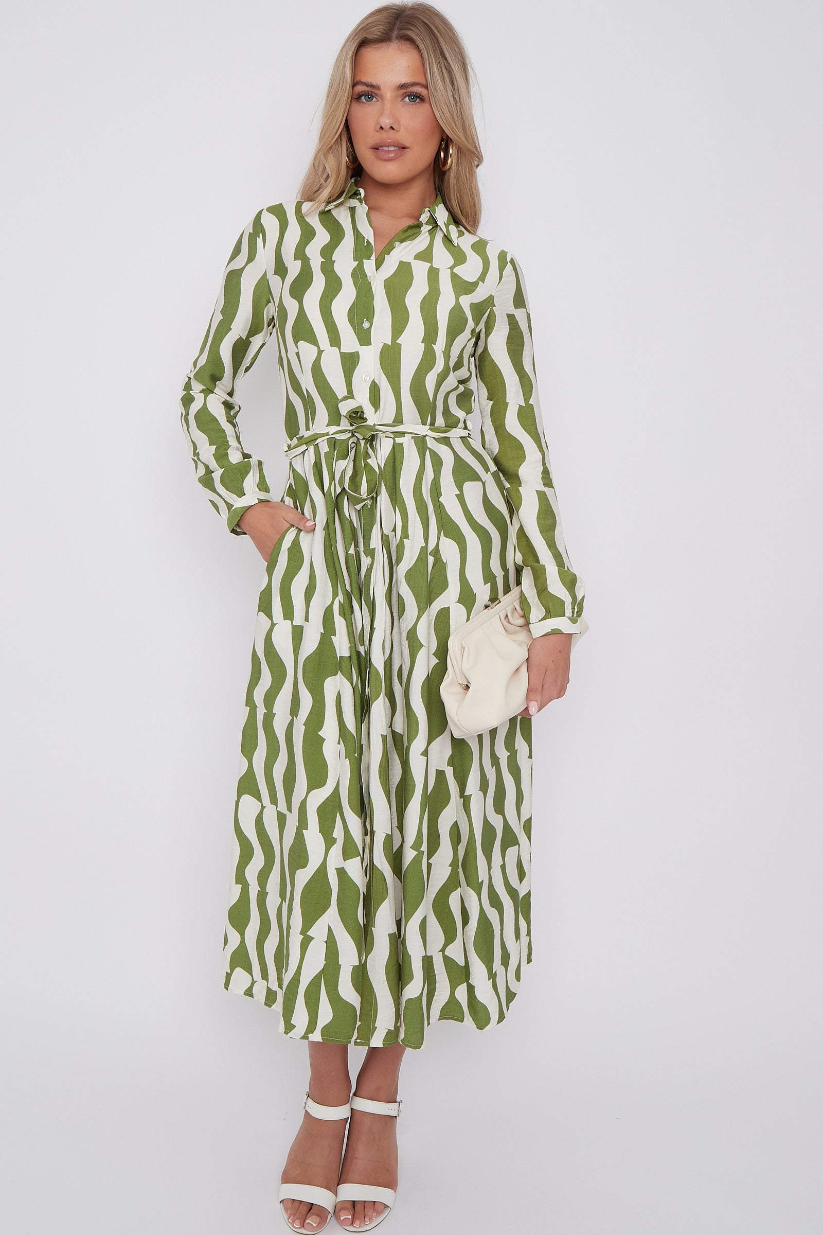 Green Geo Pattern Printed Midaxi Shirt Dress