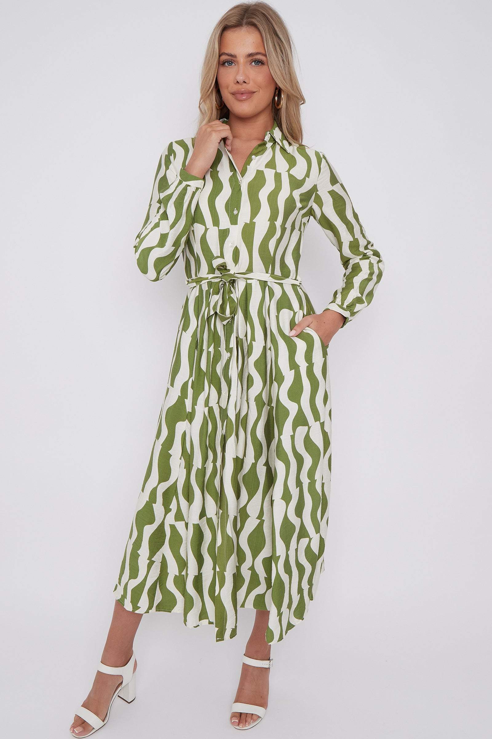 Green Geo Pattern Printed Midaxi Shirt Dress