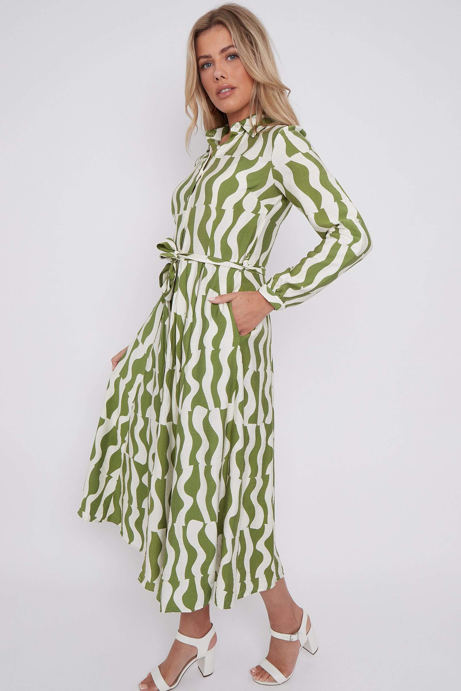 Green Geo Pattern Printed Midaxi Shirt Dress