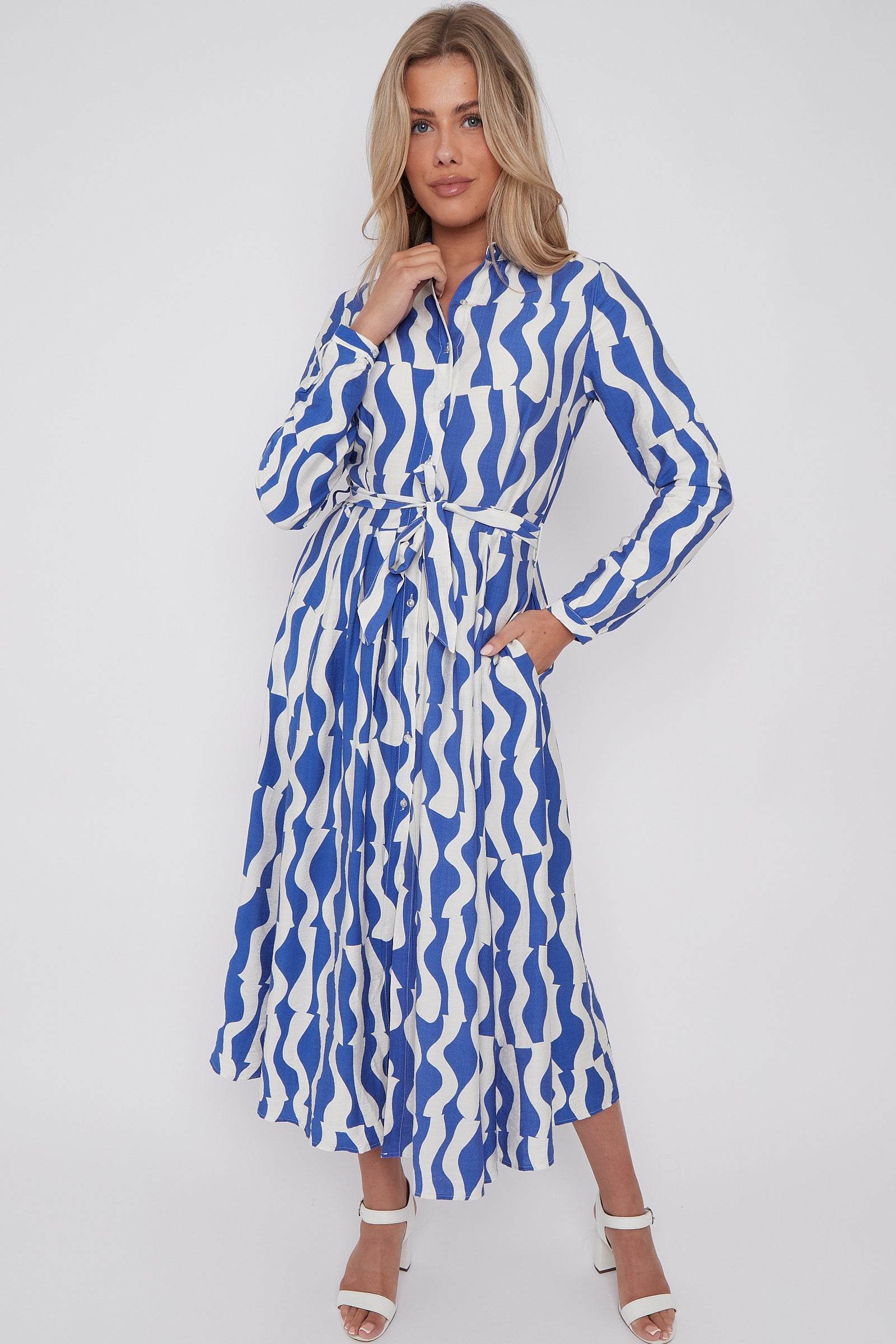 Blue Geo Pattern Printed Midaxi Shirt Dress