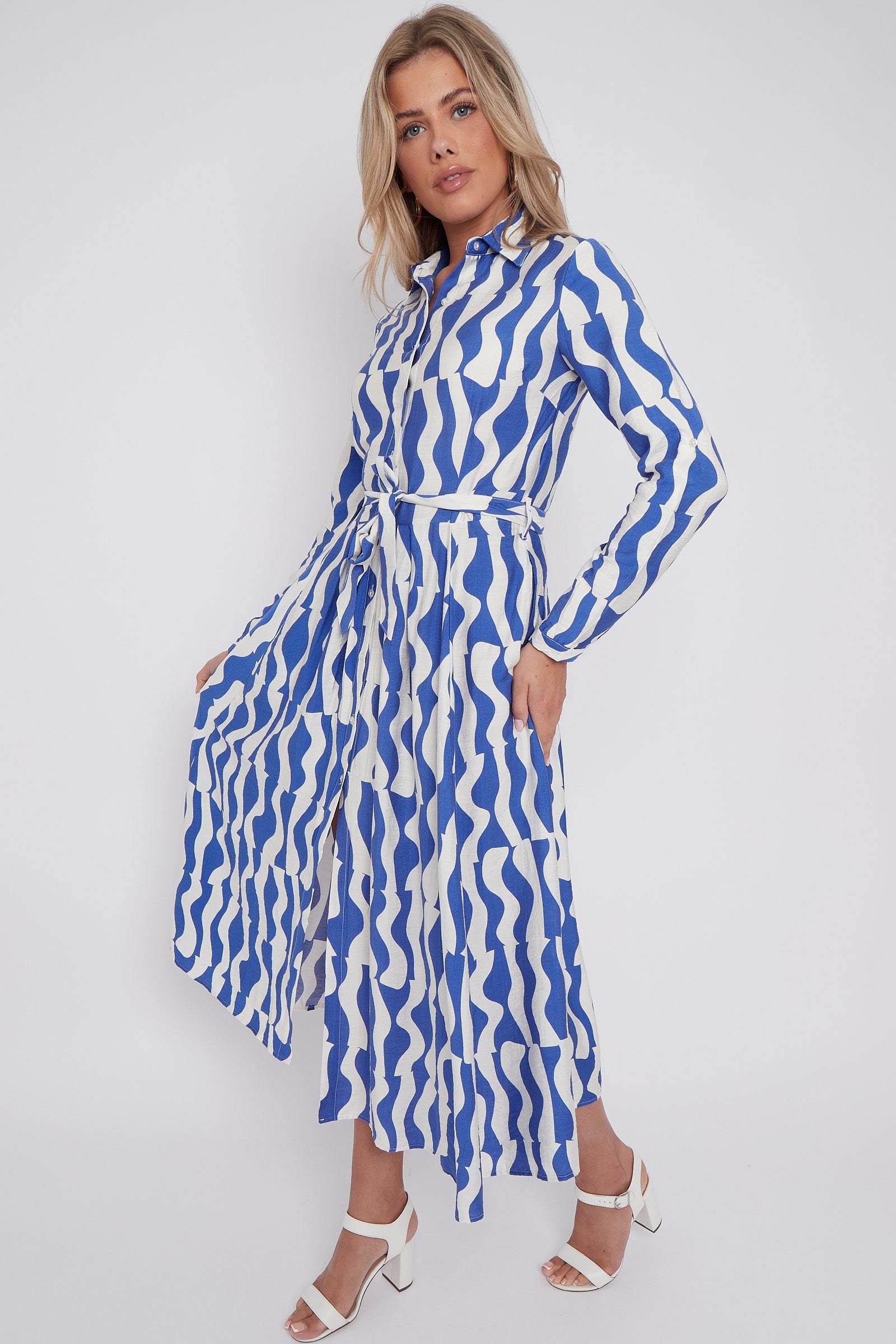 Blue Geo Pattern Printed Midaxi Shirt Dress