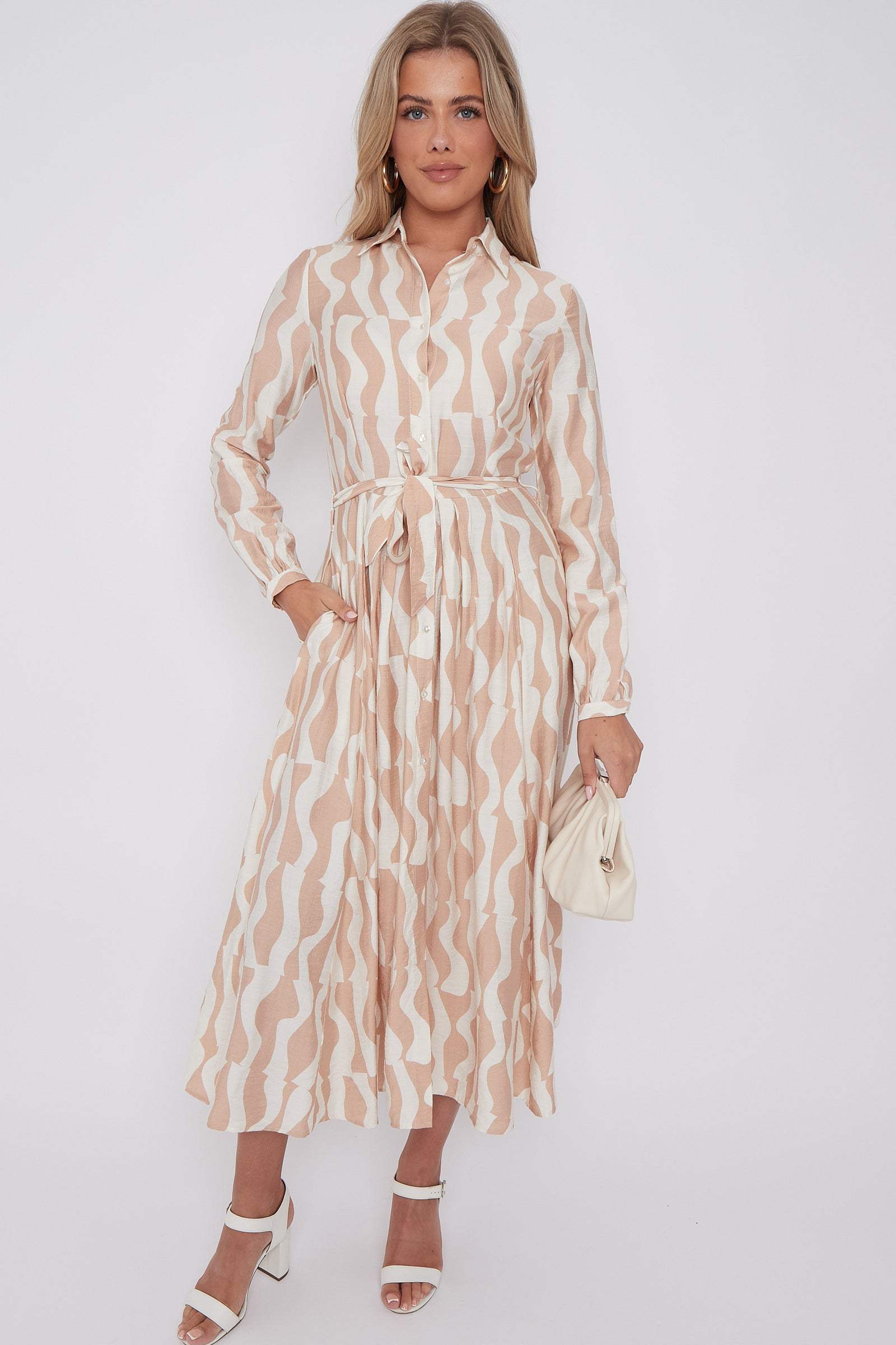 Beige Geo Pattern Printed Midaxi Shirt Dress