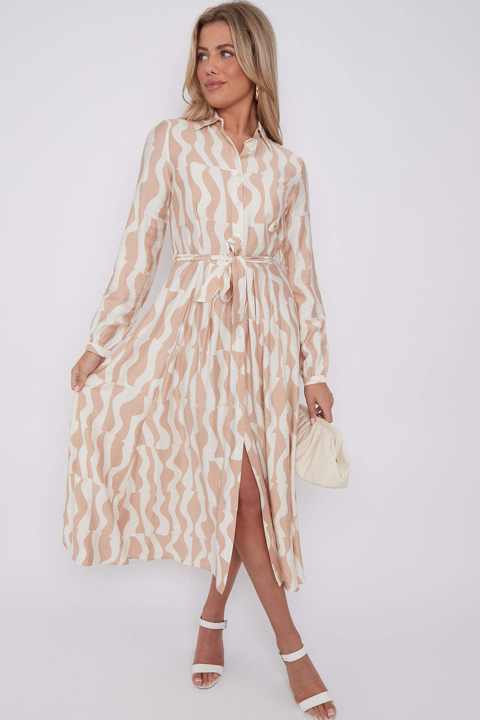 Beige Geo Pattern Printed Midaxi Shirt Dress