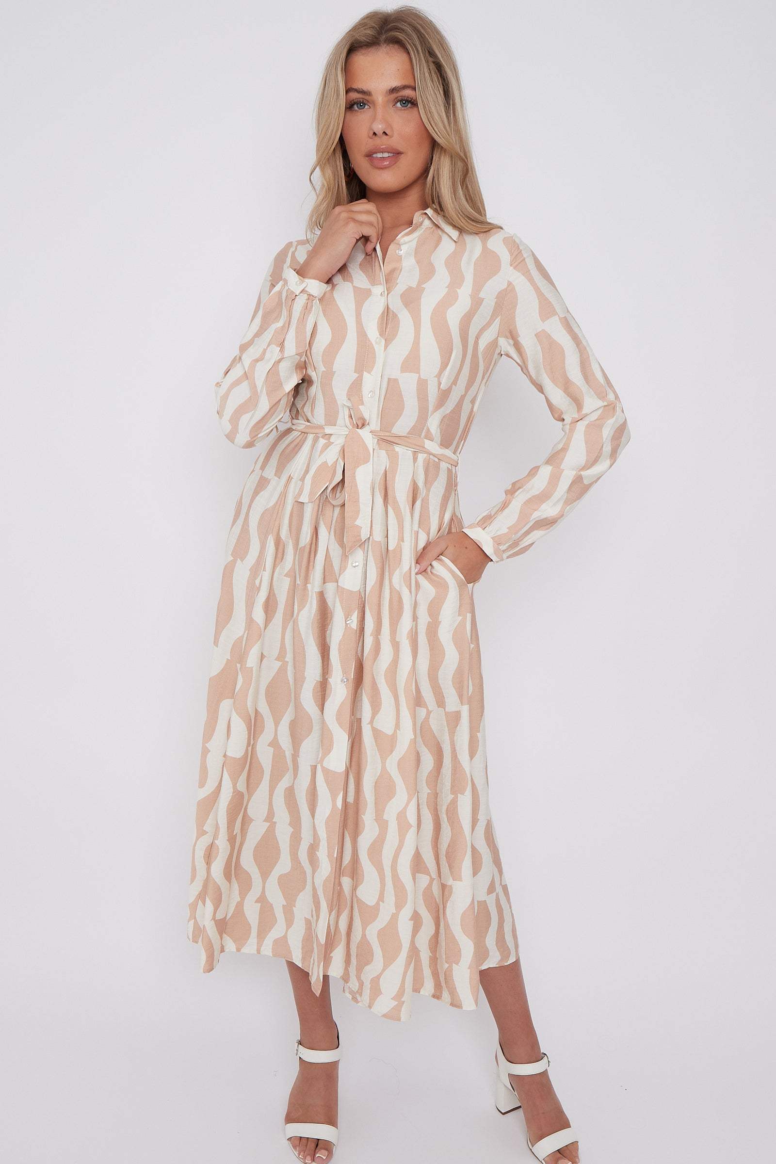 Beige Geo Pattern Printed Midaxi Shirt Dress