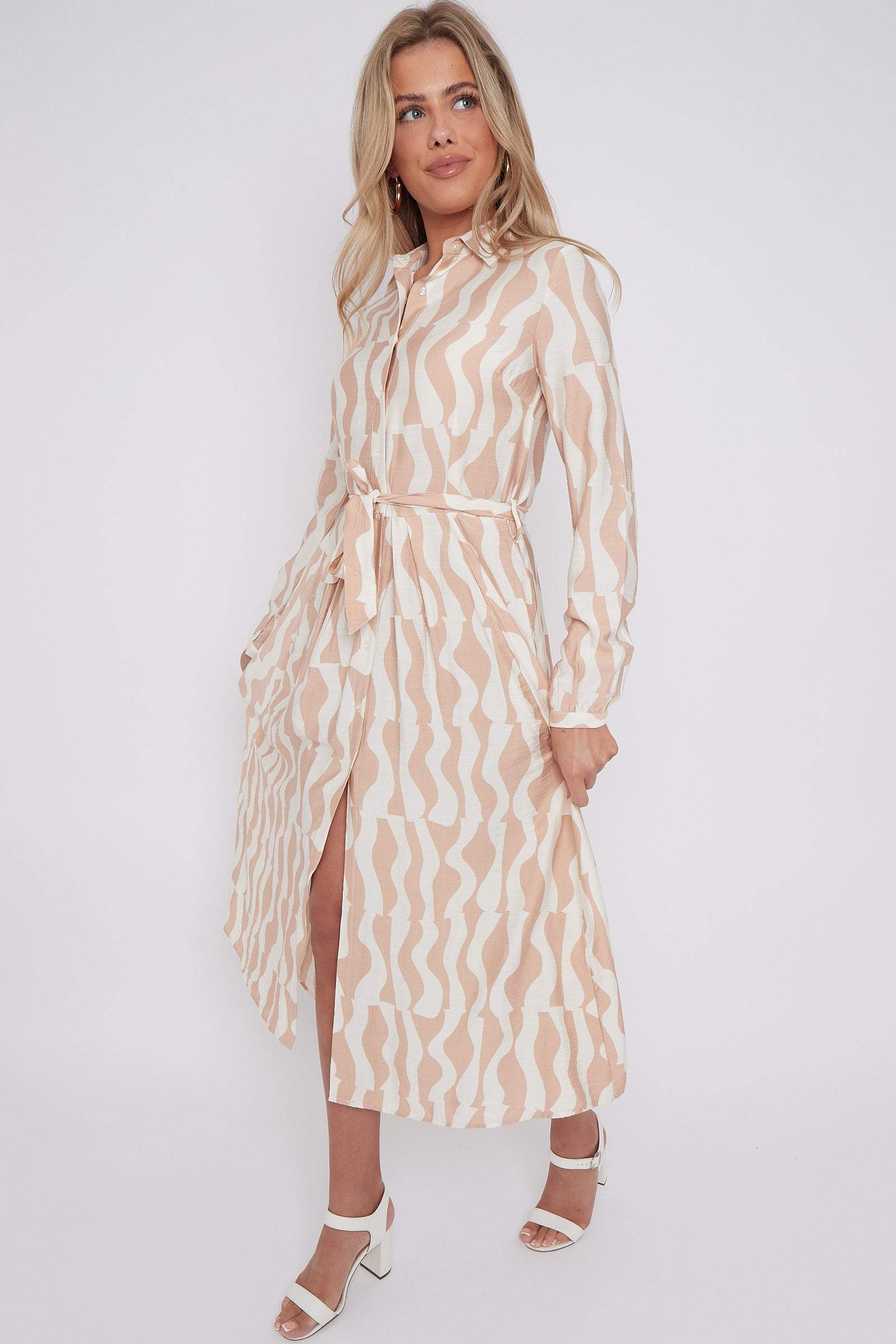 Beige Geo Pattern Printed Midaxi Shirt Dress