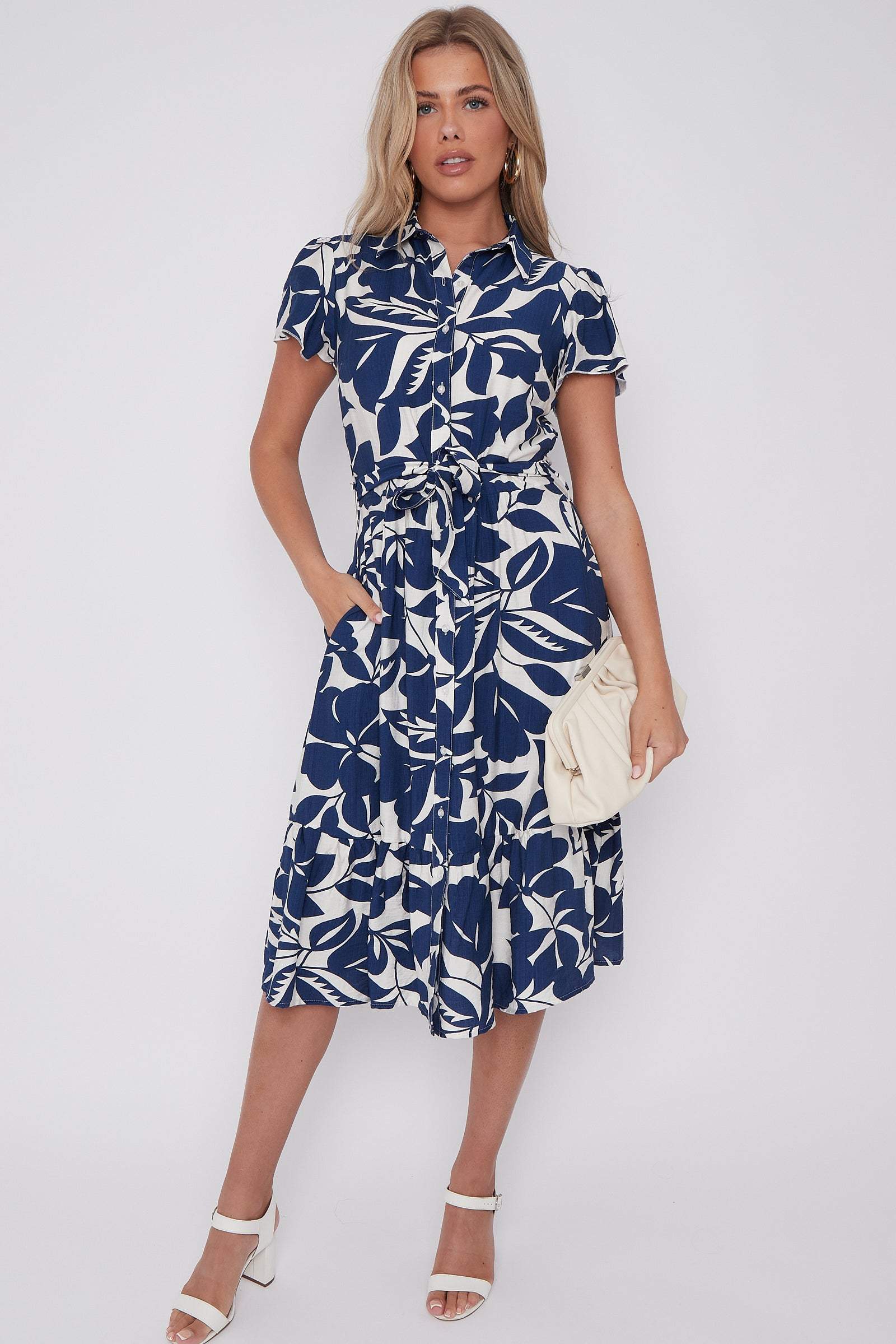 Navy Leaf Printed Frilled Hem Midi Dress