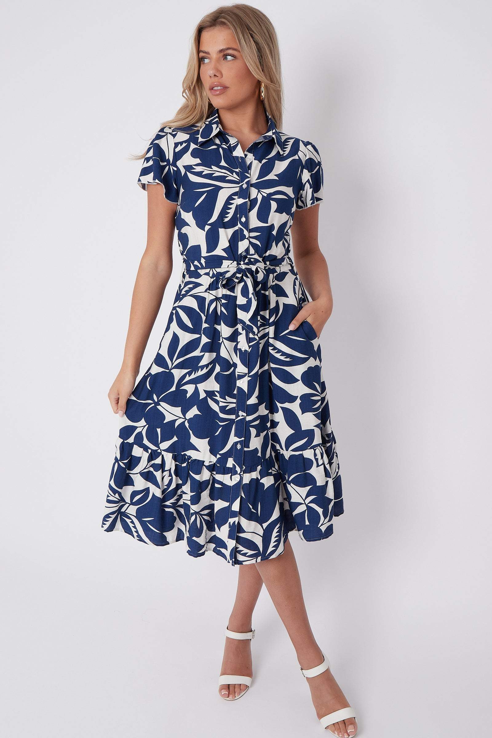 Navy Leaf Printed Frilled Hem Midi Dress