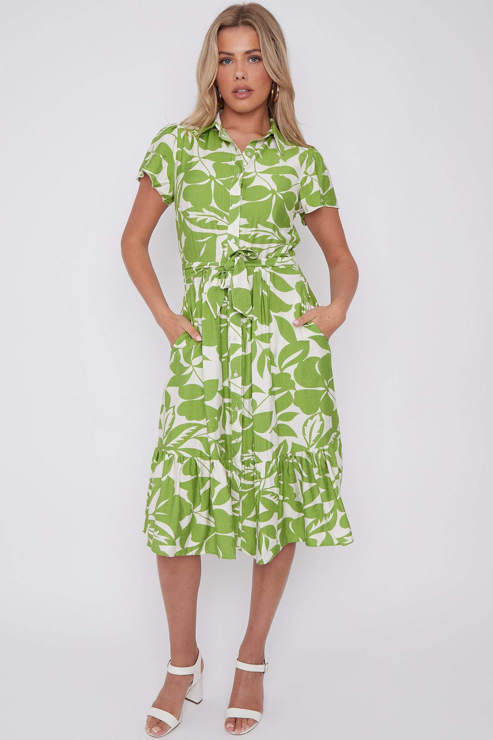 Green Leaf Printed Short Sleeve Midi Dress