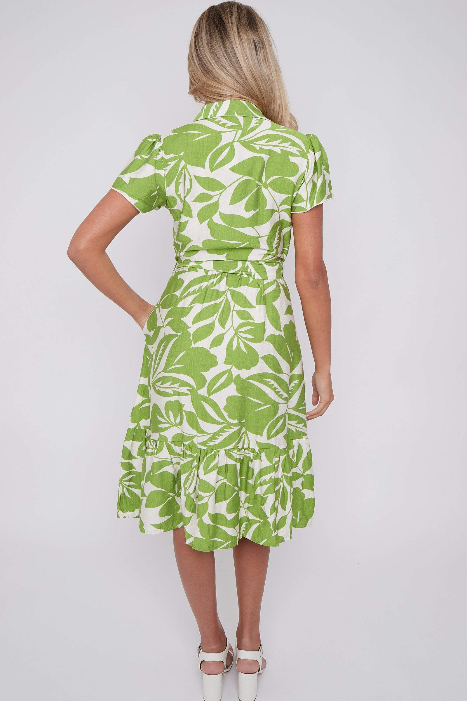 Green Leaf Printed Short Sleeve Midi Dress