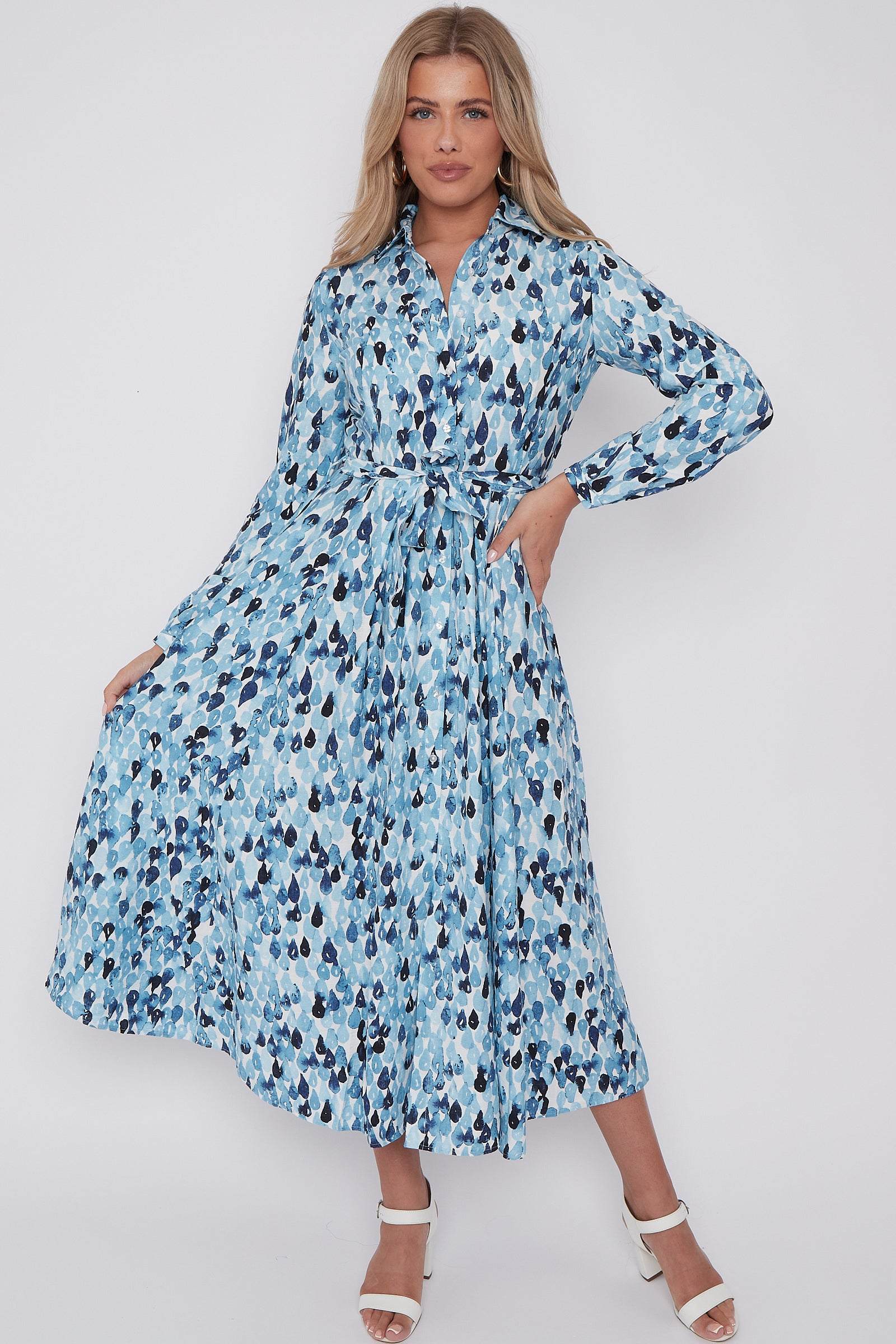 Blue Drops Printed Midaxi Shirt Dress