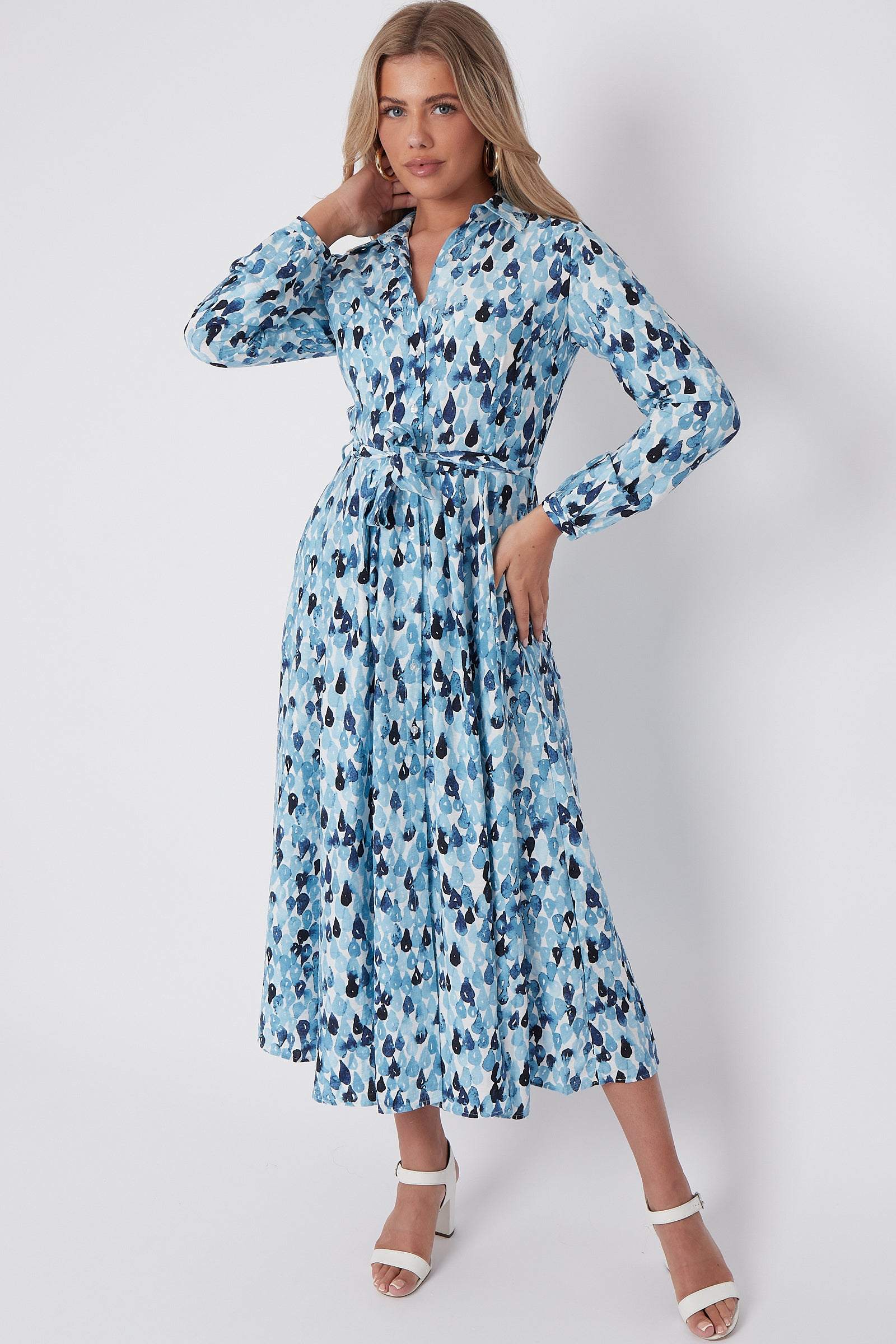 Blue Drops Printed Midaxi Shirt Dress