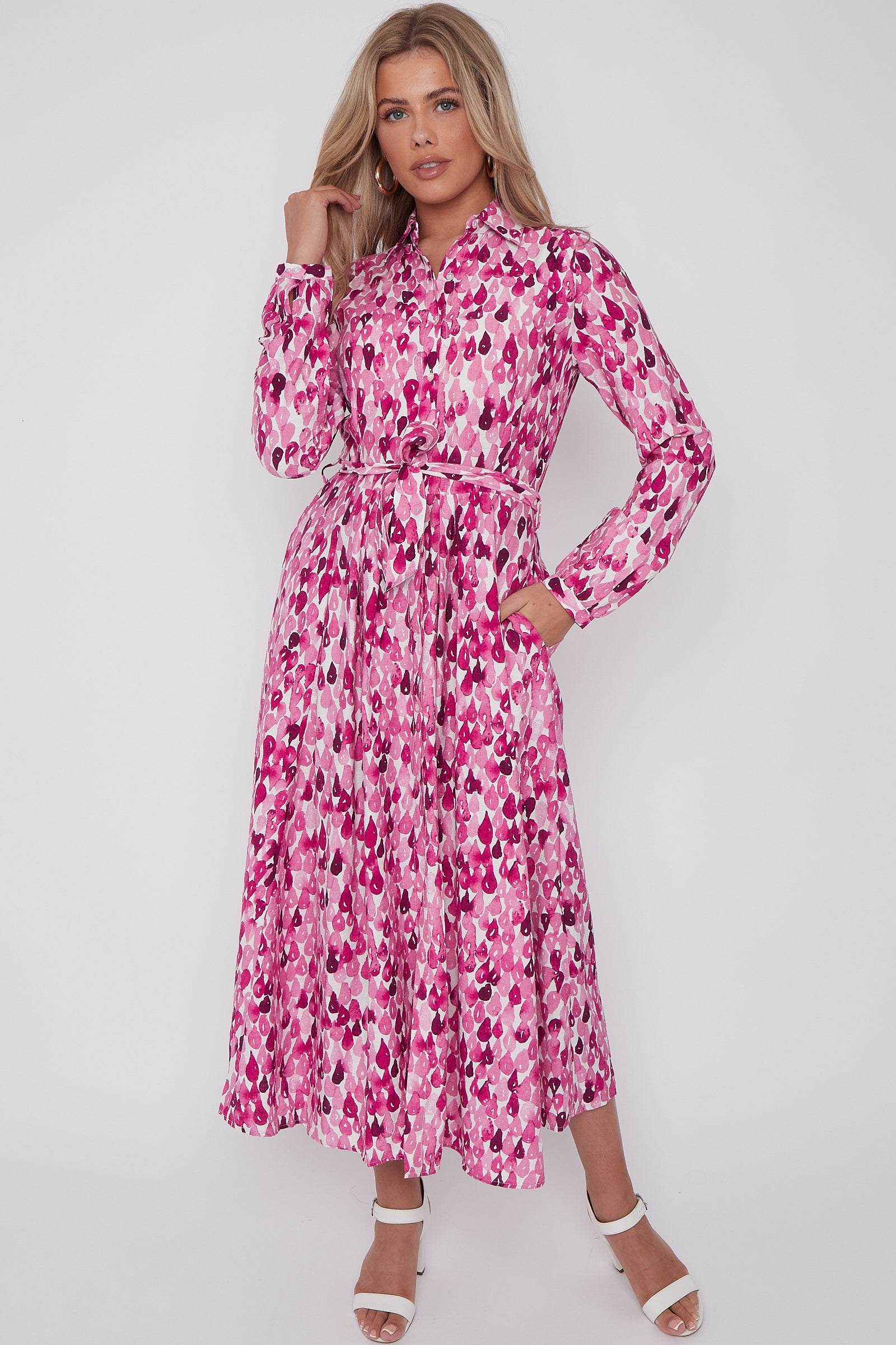 Pink Drops Printed Midaxi Shirt Dress