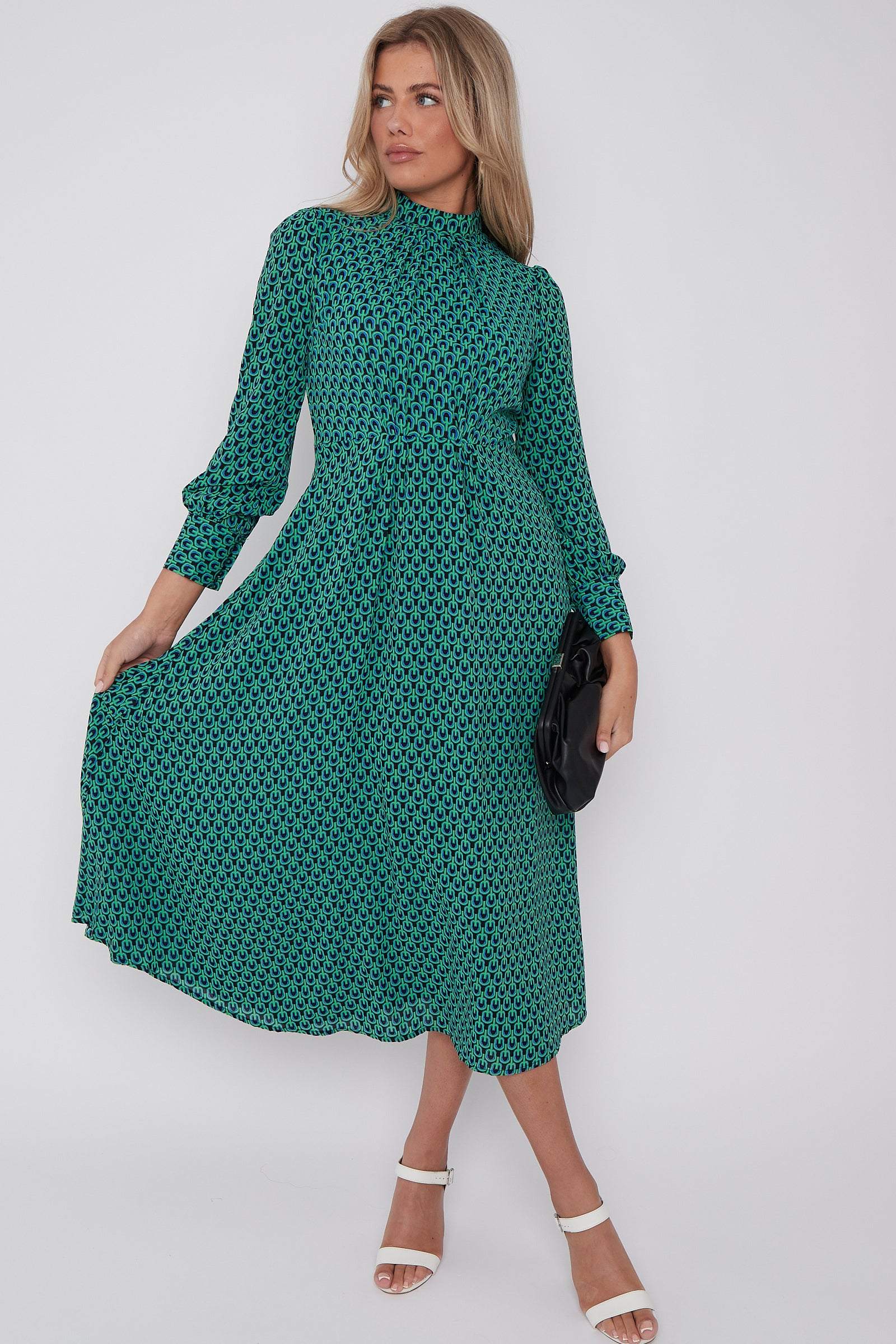 Green Geo Print Pleated Skirt Midaxi Dress