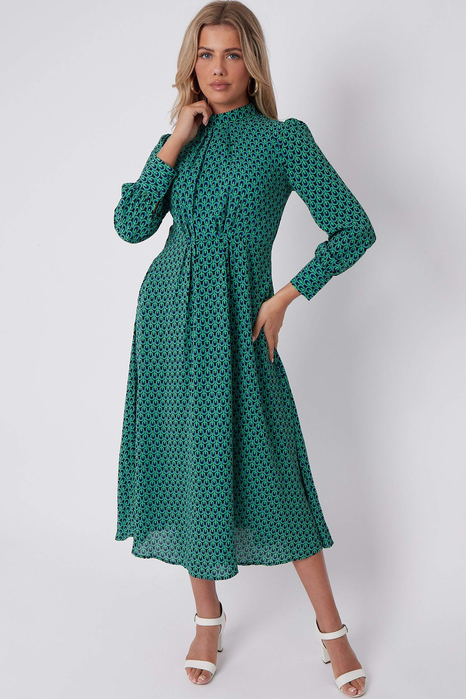 Green Geo Print Pleated Skirt Midaxi Dress