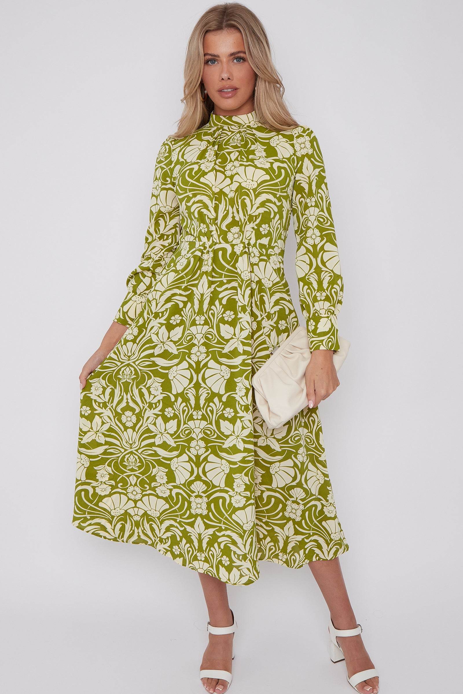 Green Floral Print Pleated Skirt Midaxi Dress