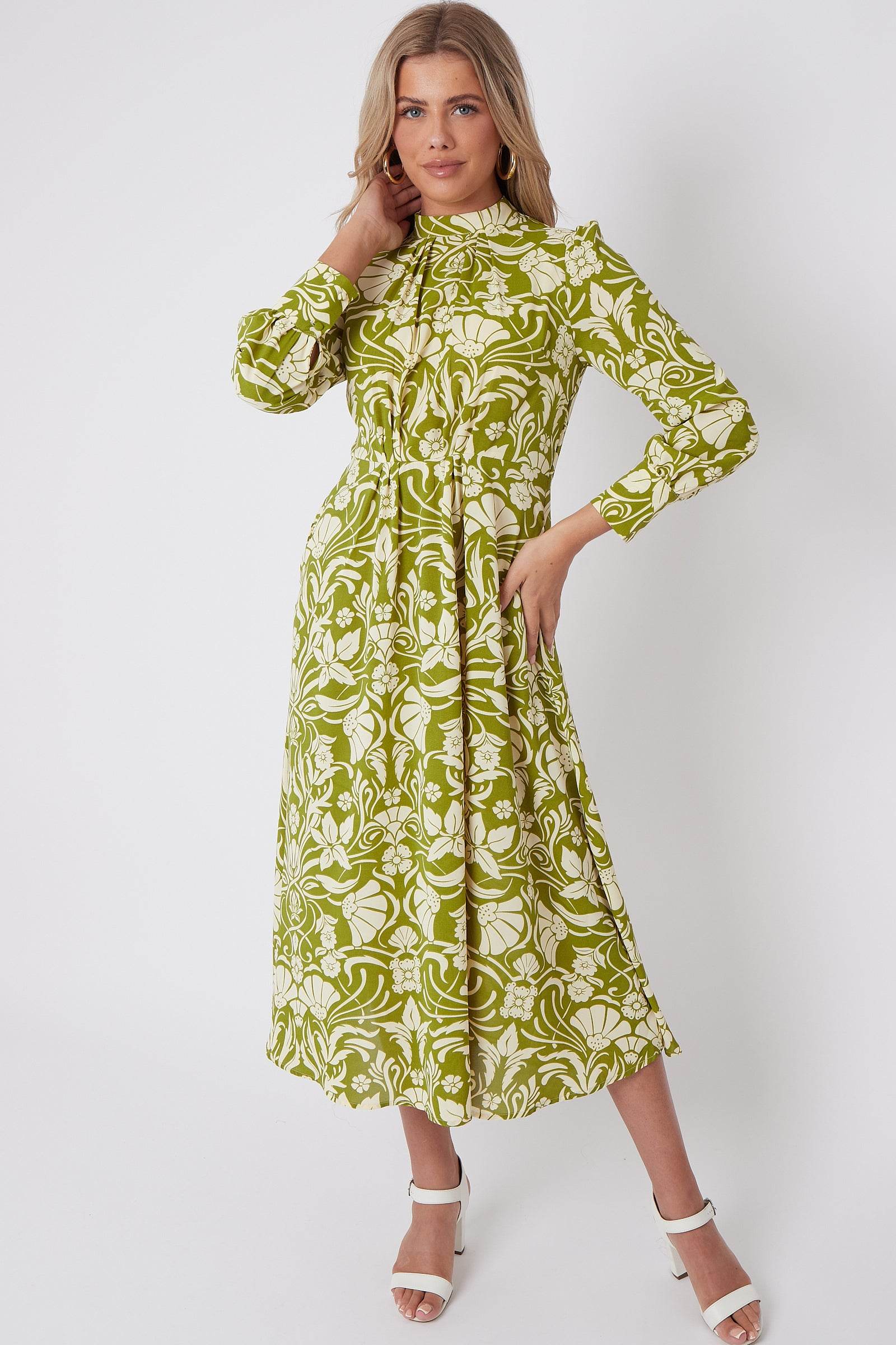 Green Floral Print Pleated Skirt Midaxi Dress