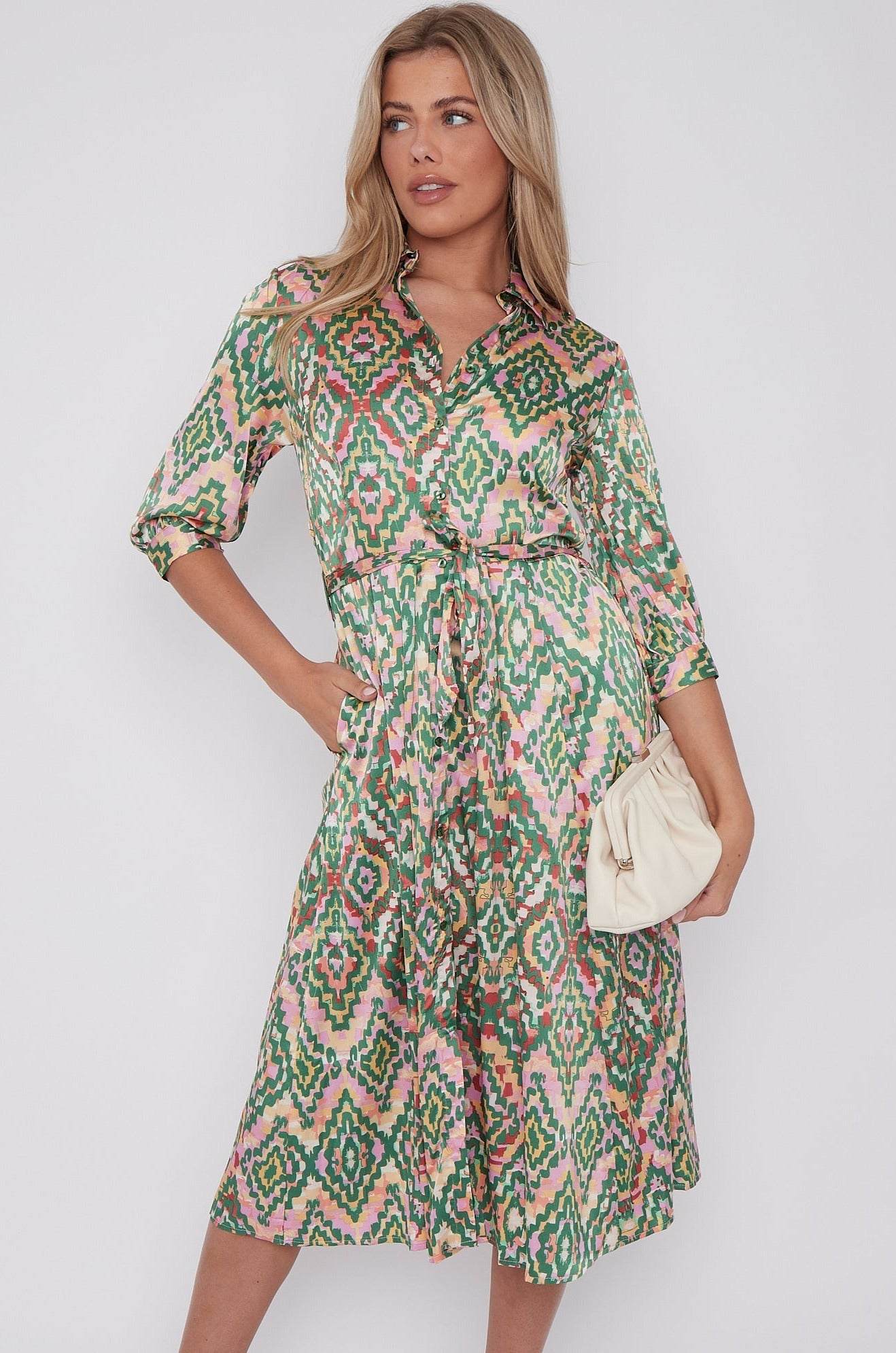 Green Aztec Print Half SleeveSatin Midi Shirt Dress