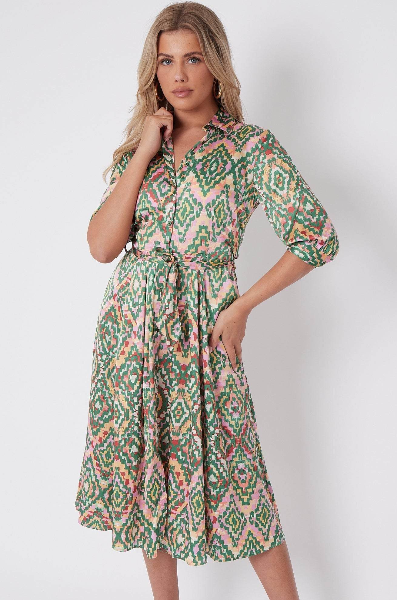 Green Aztec Print Half SleeveSatin Midi Shirt Dress