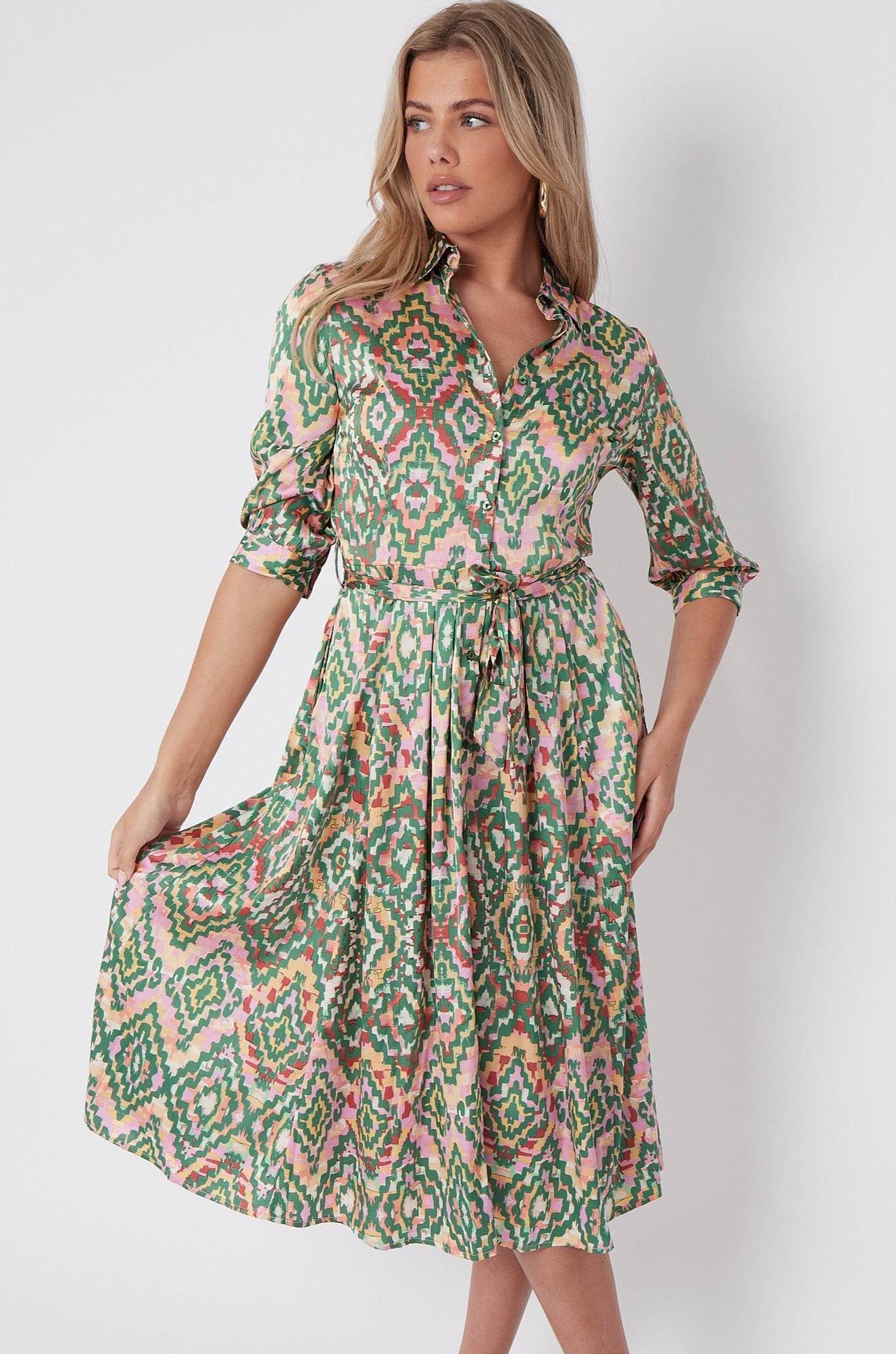 Green Aztec Print Half SleeveSatin Midi Shirt Dress