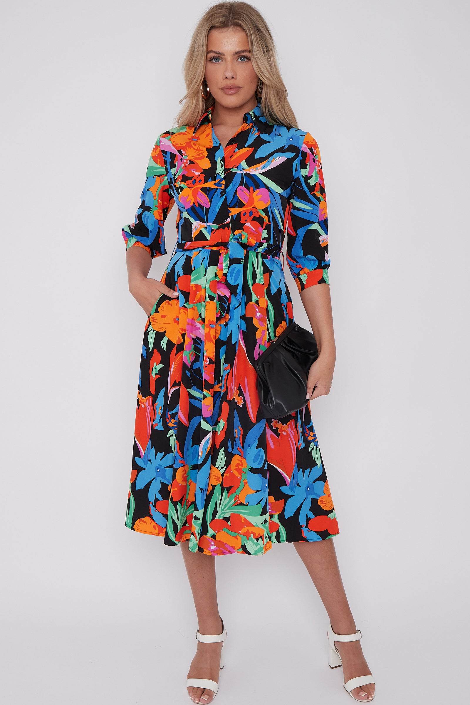 Multi Floral Print Half Sleeve Midi Shirt Dress