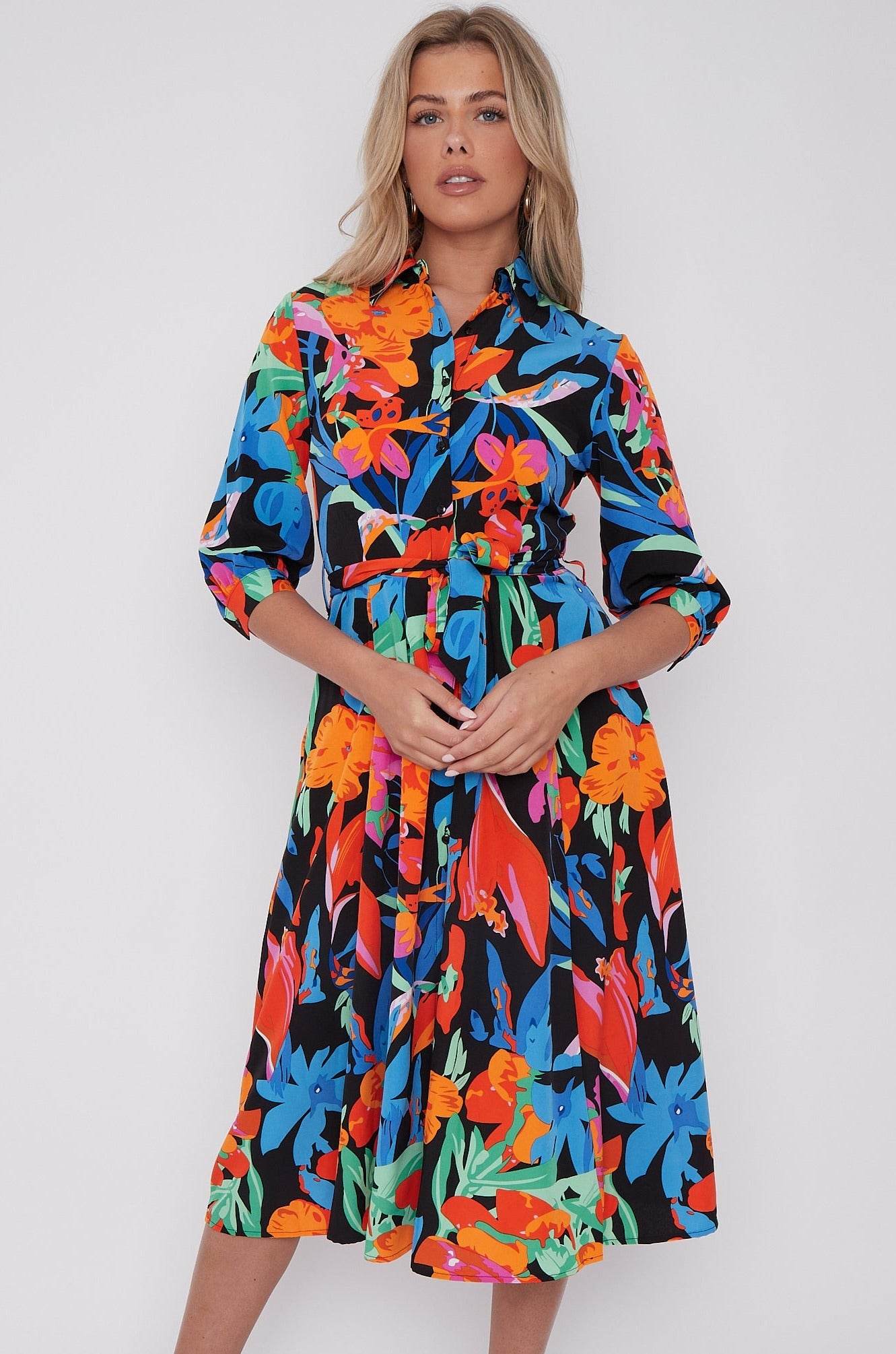 Multi Floral Print Half Sleeve Midi Shirt Dress