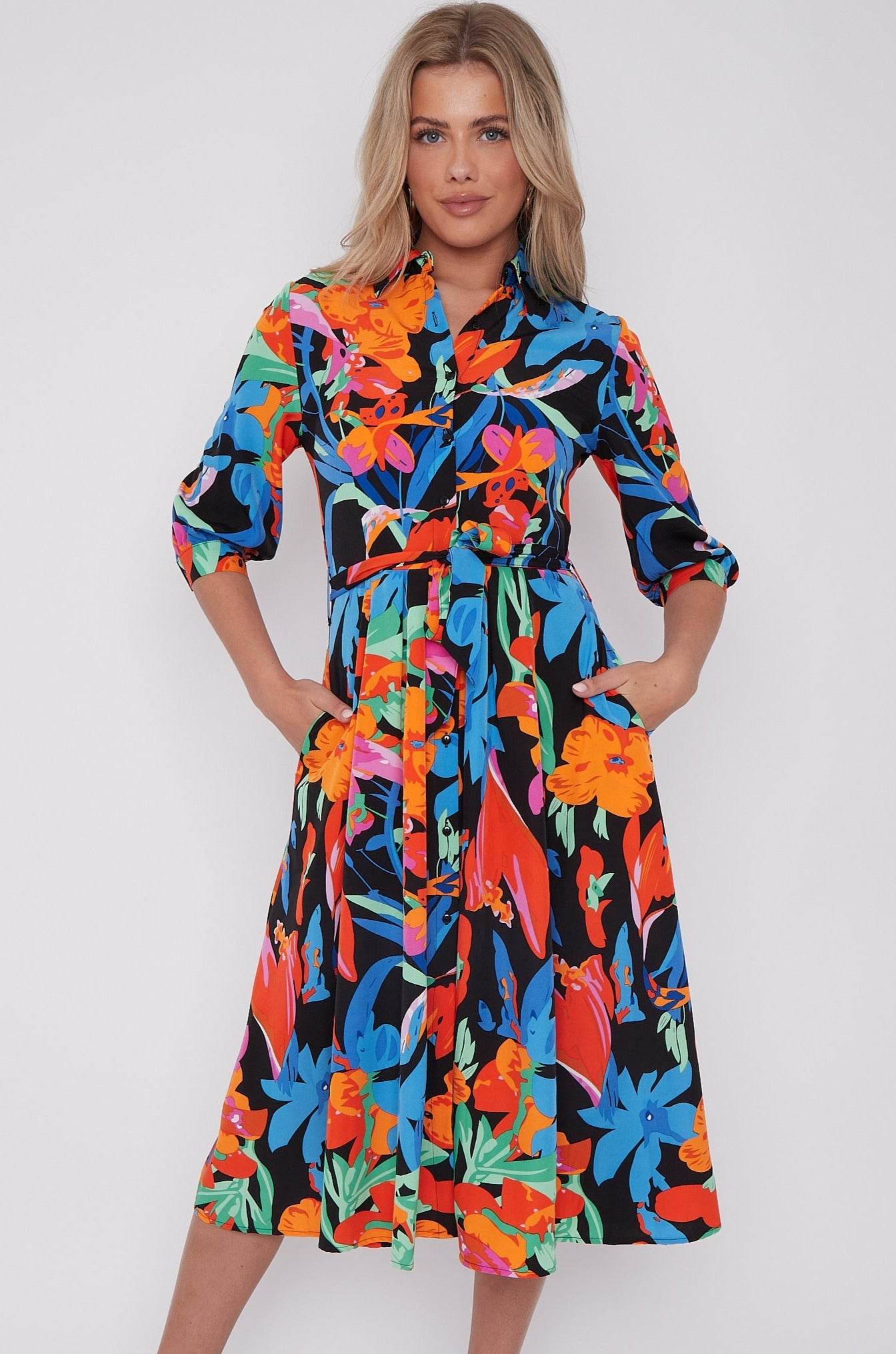 Multi Floral Print Half Sleeve Midi Shirt Dress