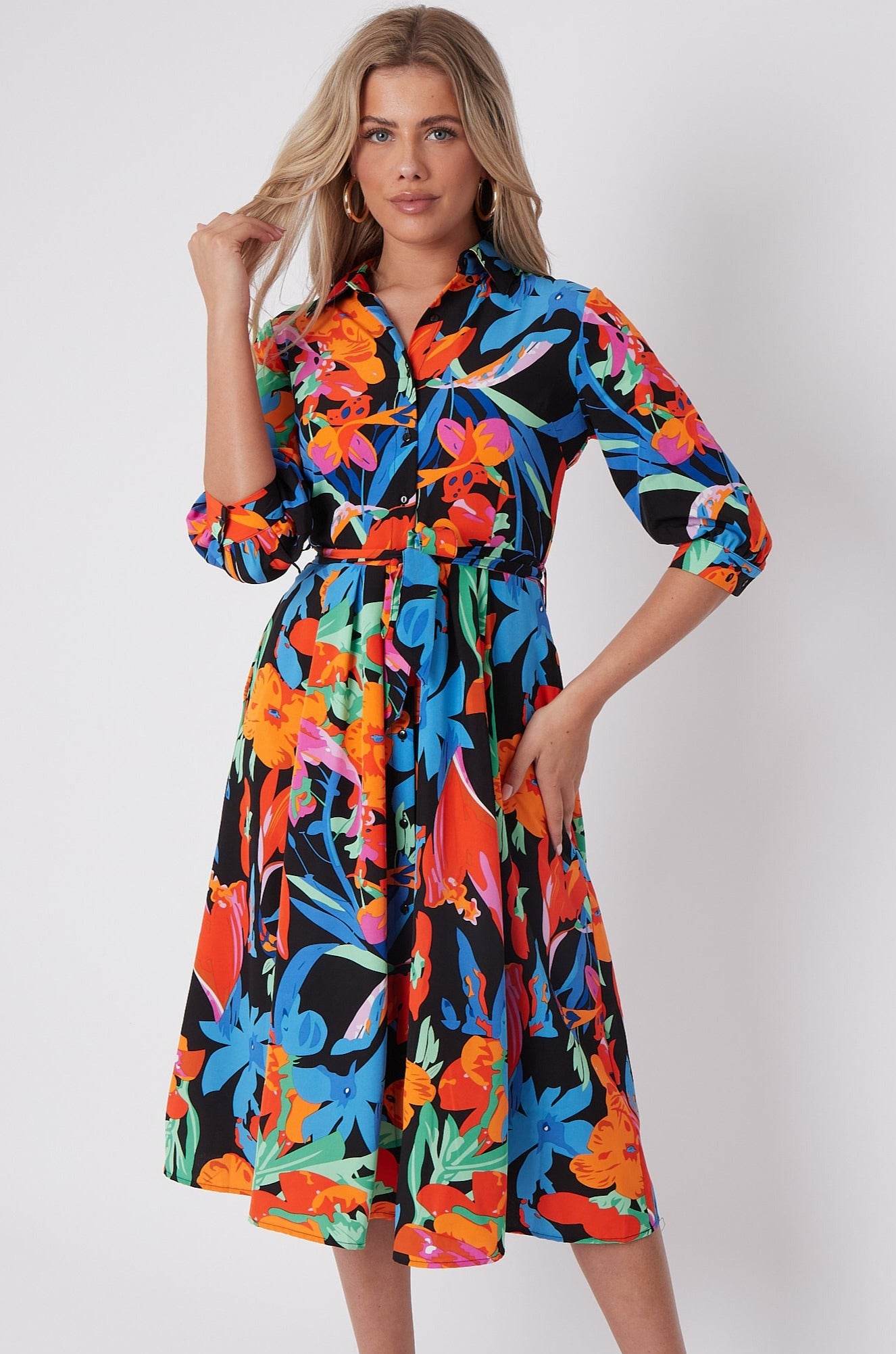 Multi Floral Print Half Sleeve Midi Shirt Dress