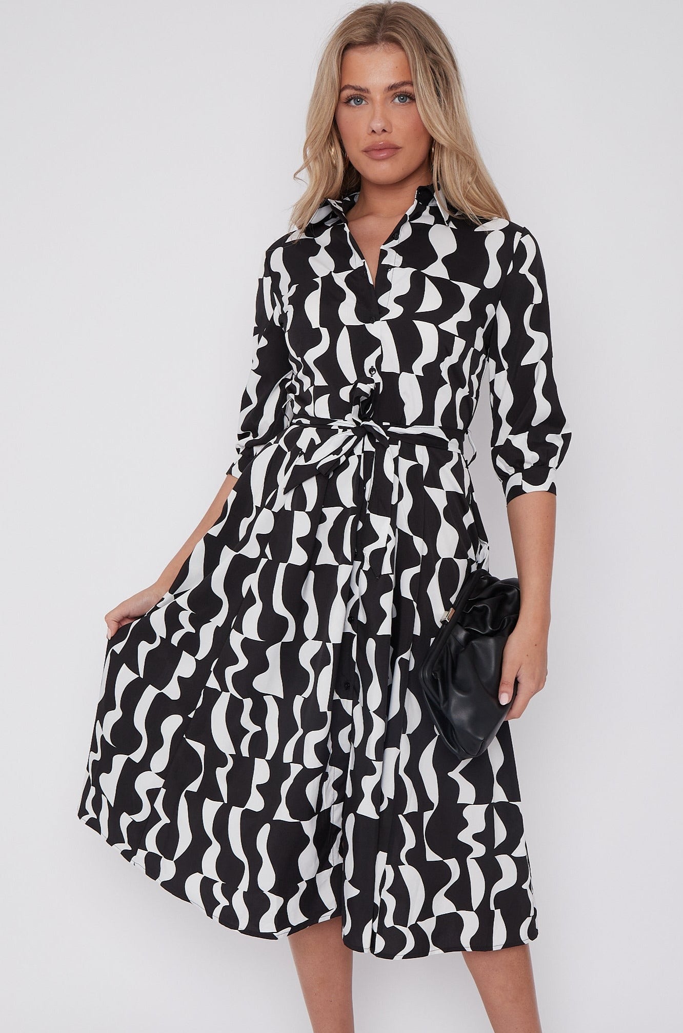 Mono Geometric Print Half Sleeve Midi Shirt Dress