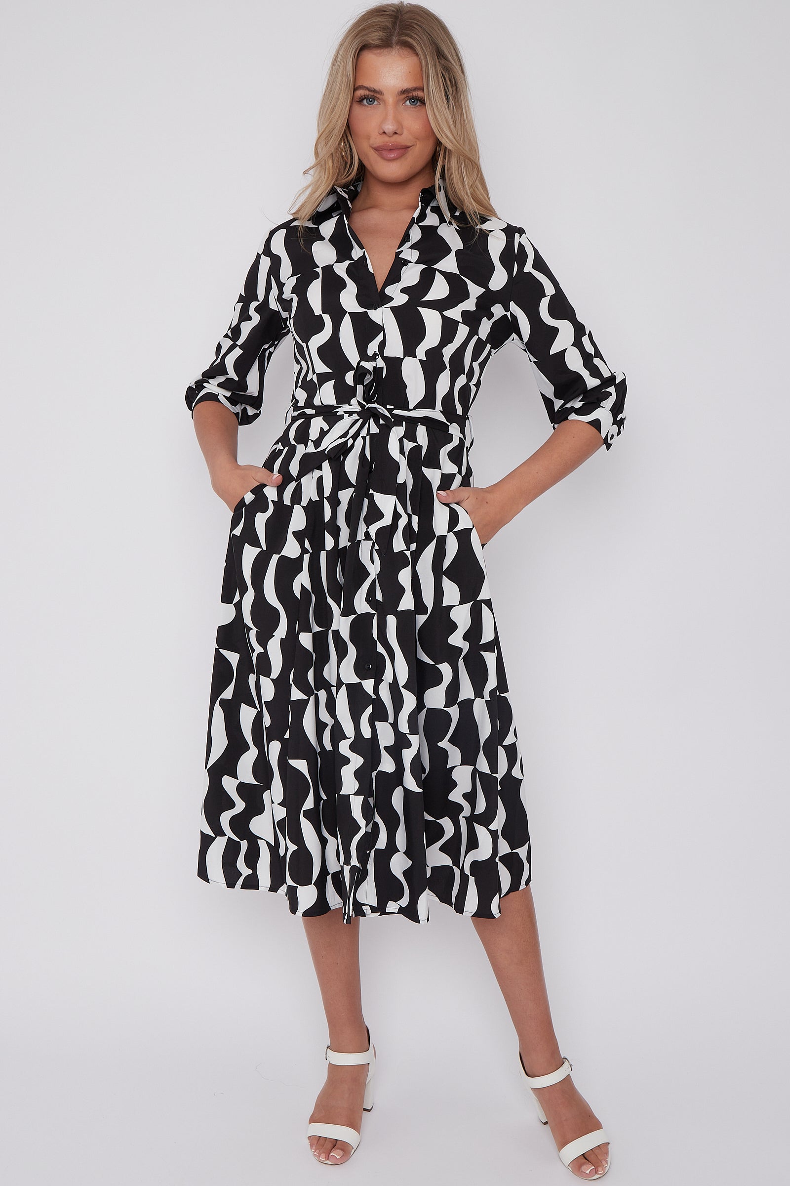 Mono Geometric Print Half Sleeve Midi Shirt Dress