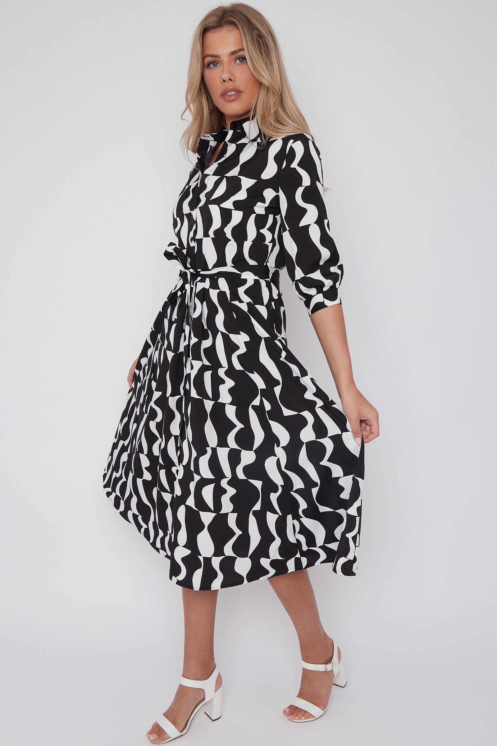 Mono Geometric Print Half Sleeve Midi Shirt Dress