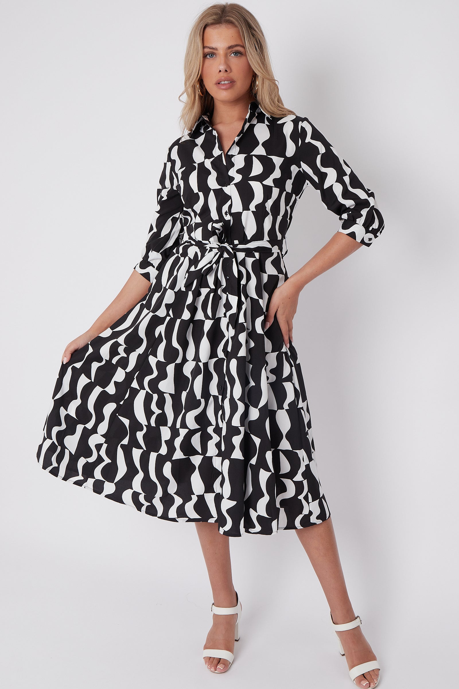 Mono Geometric Print Half Sleeve Midi Shirt Dress