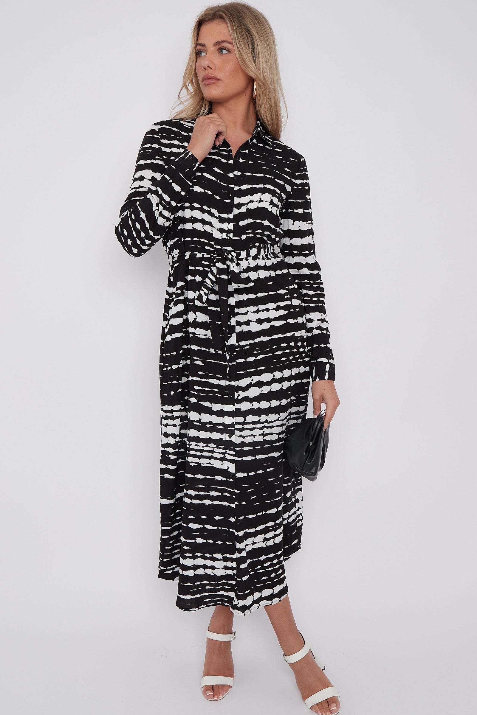 Black Tie Dye Print Maxi Shirt Dress