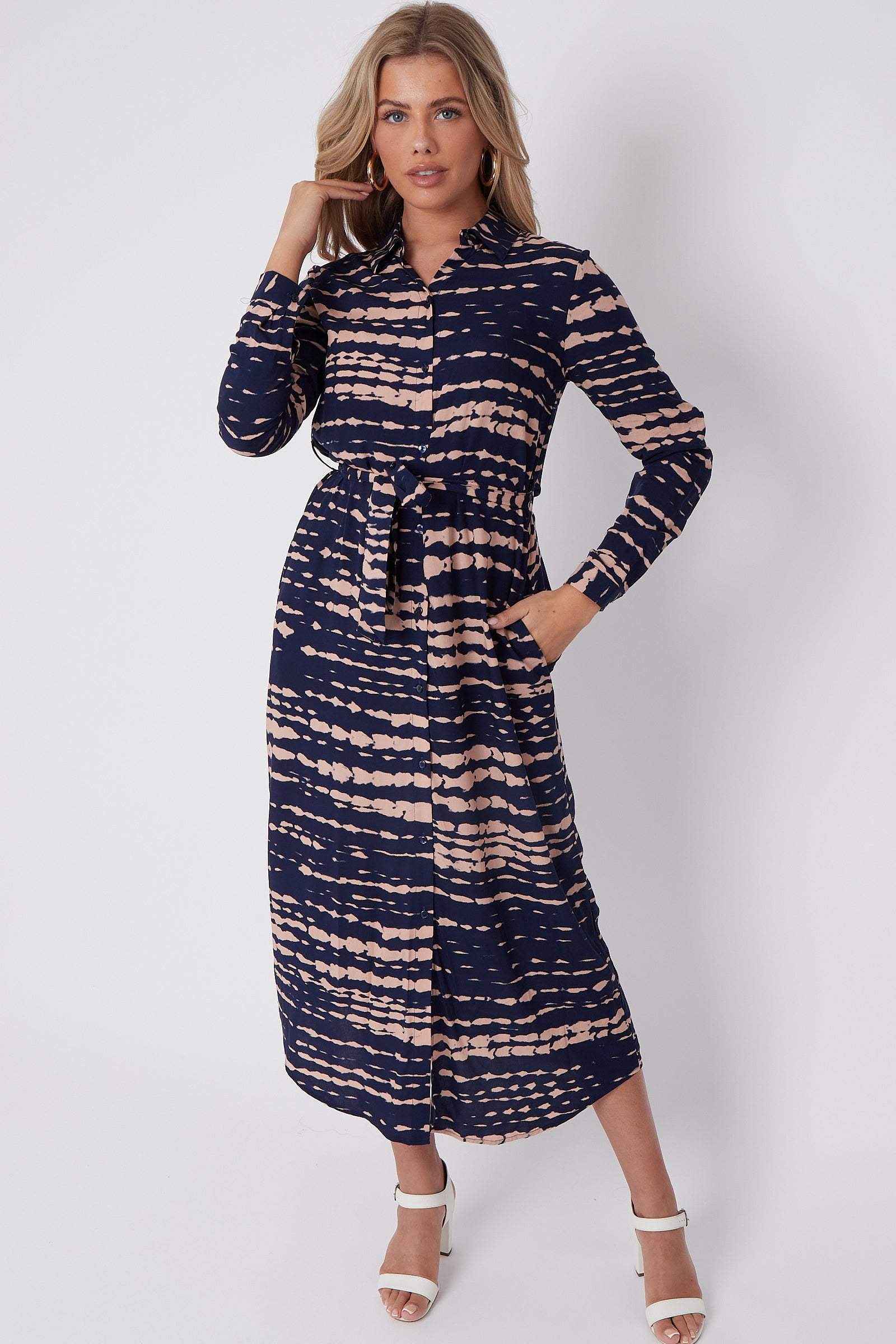 Navy Tie Dye Print Maxi Shirt Dress