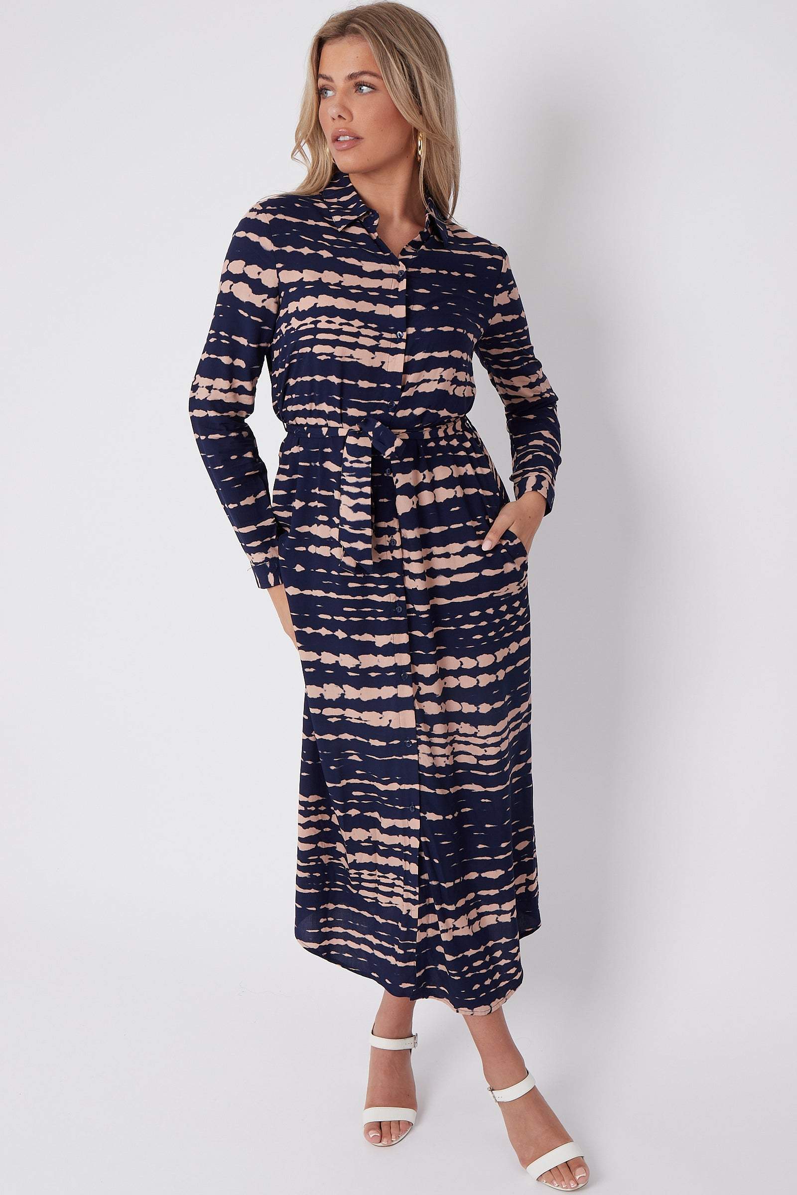 Navy Tie Dye Print Maxi Shirt Dress