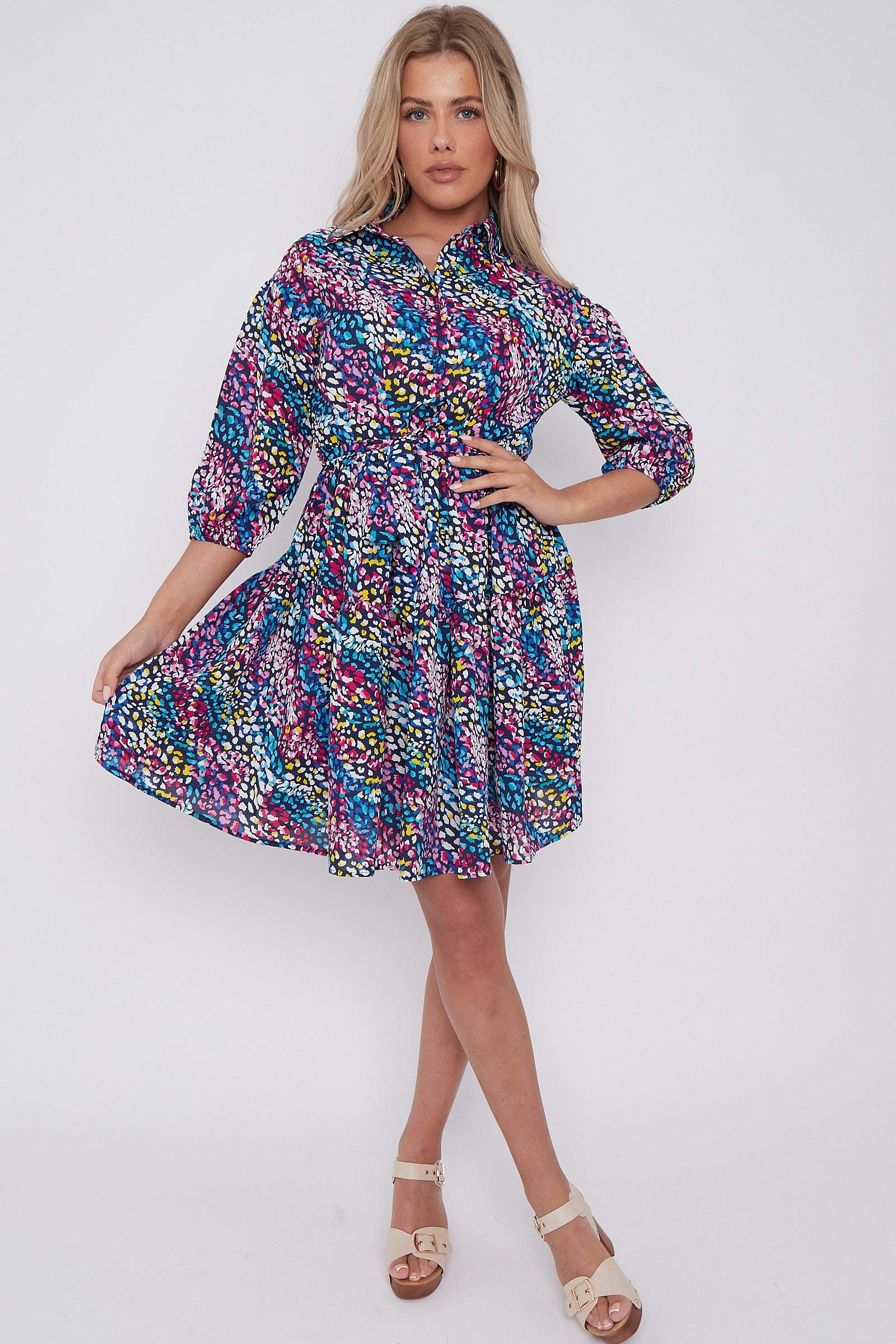 Navy Rainbow Leopard Print Oversized Smock Mini Dress