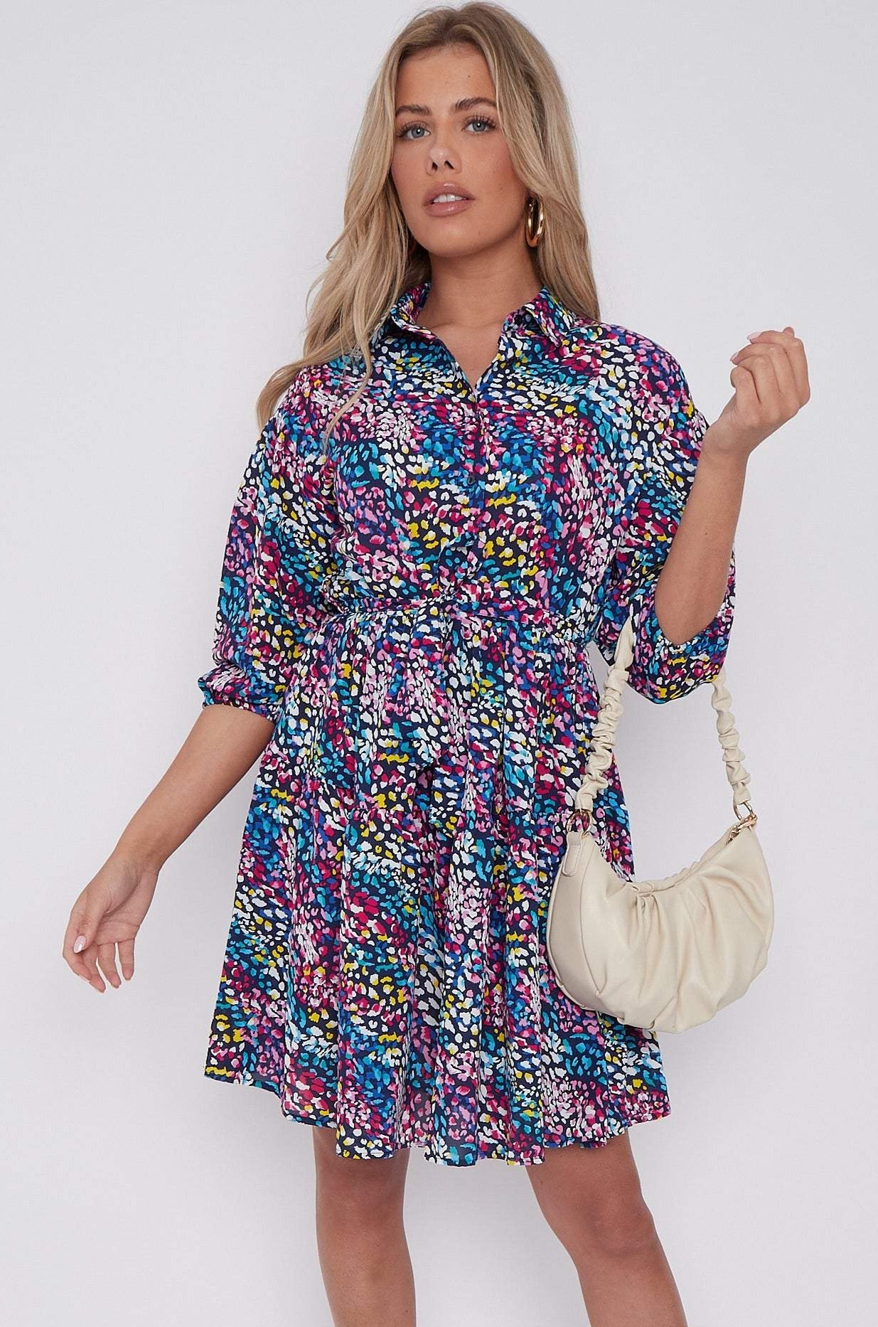 Navy Rainbow Leopard Print Oversized Smock Mini Dress