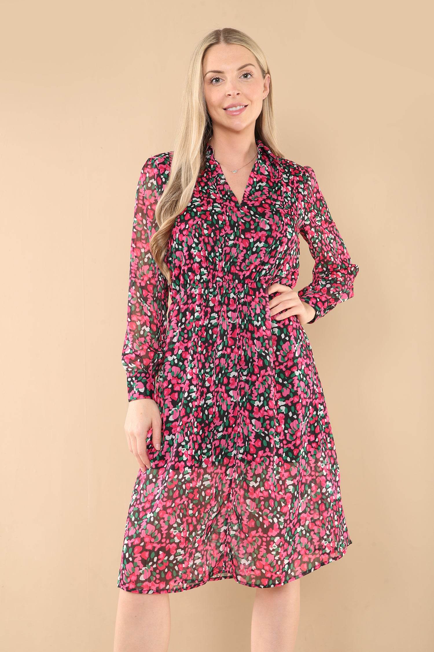 Love Sunshine Fuchsia Floral Print Chiffon V Neck Dress LS-2301